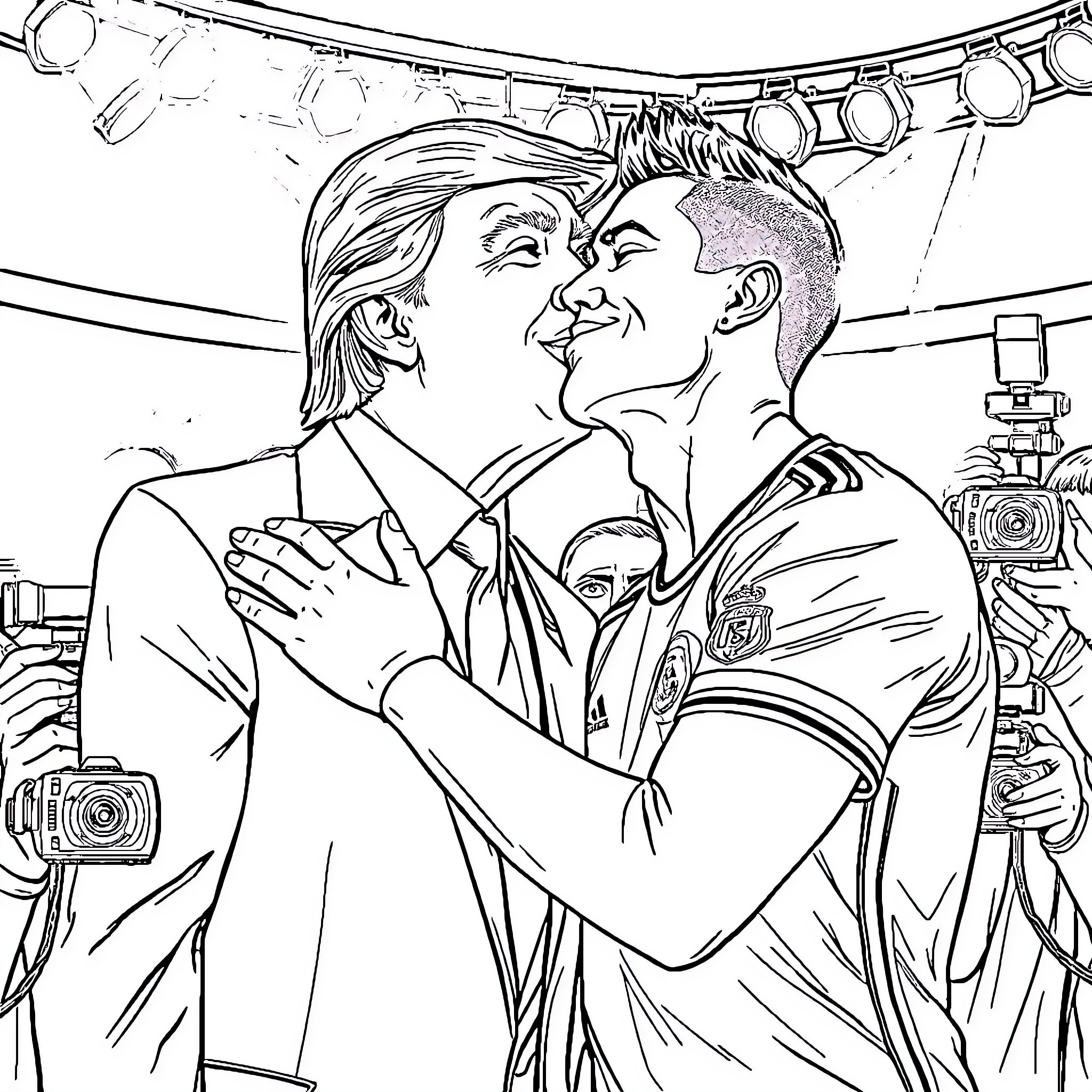 Donald Trump and a supporter embrace in an arena Coloring Page (free black-and-white line drawing printable PDF for all, from beginners to advanced learners, including children, teens, adults, and seniors)