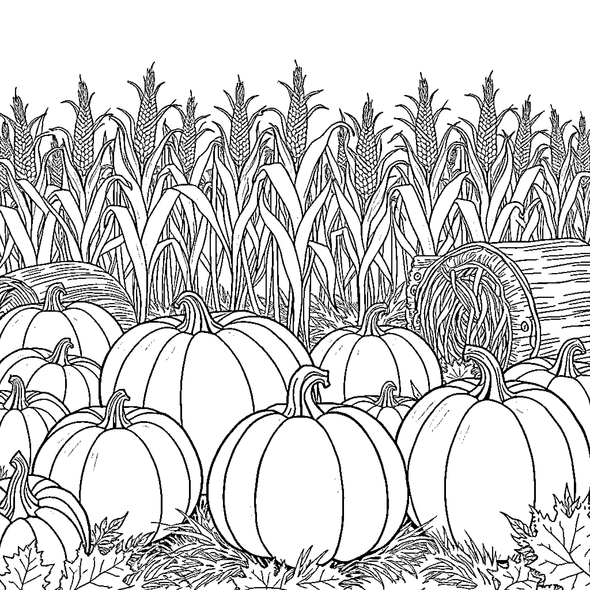 Pumpkins in a Corn Field Coloring Page (free black-and-white line drawing printable PDF for all, from beginners to advanced learners, including children, teens, adults, and seniors)