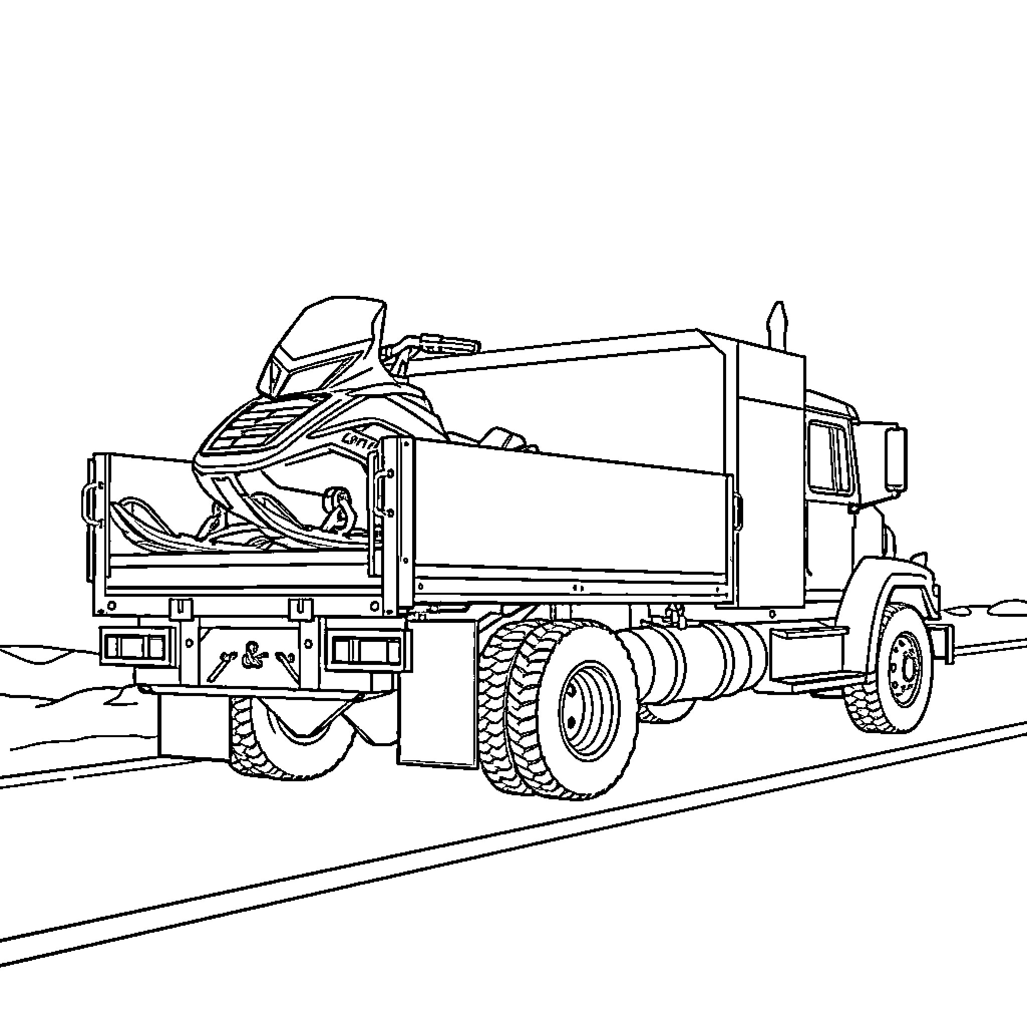 Truck transporting a wrecked vehicle on the road Coloring Page (free black-and-white line drawing printable PDF for all, from beginners to advanced learners, including children, teens, adults, and seniors)