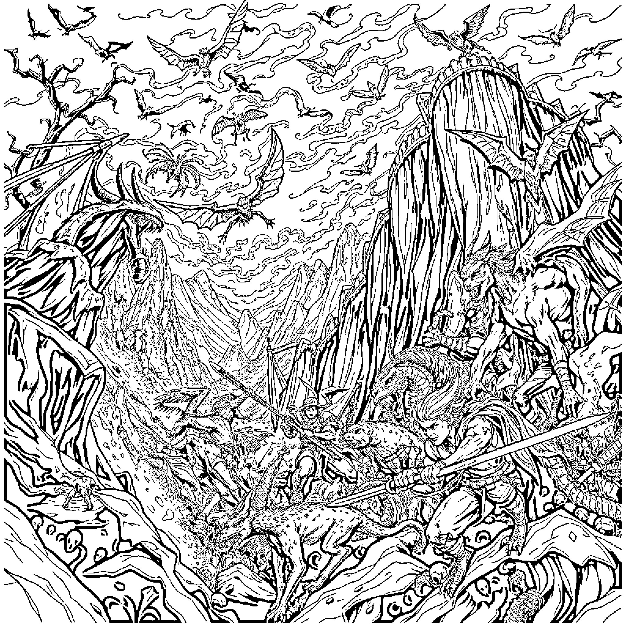 Fantasy Creatures in Mythical Landscape Coloring Page (free black-and-white line drawing printable PDF for all, from beginners to advanced learners, including children, teens, adults, and seniors)