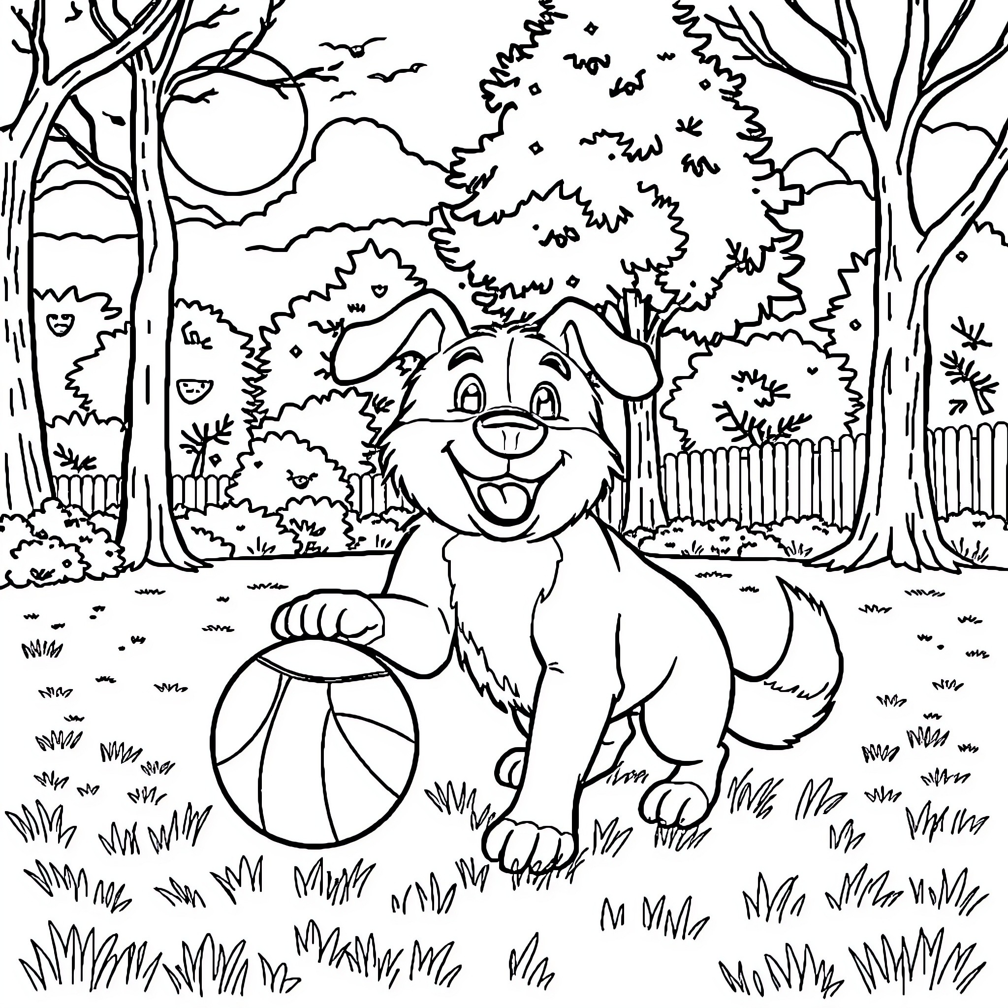 Bluey playing happily with ball in the forest Coloring Page (free black-and-white line drawing printable PDF for all, from beginners to advanced learners, including children, teens, adults, and seniors)