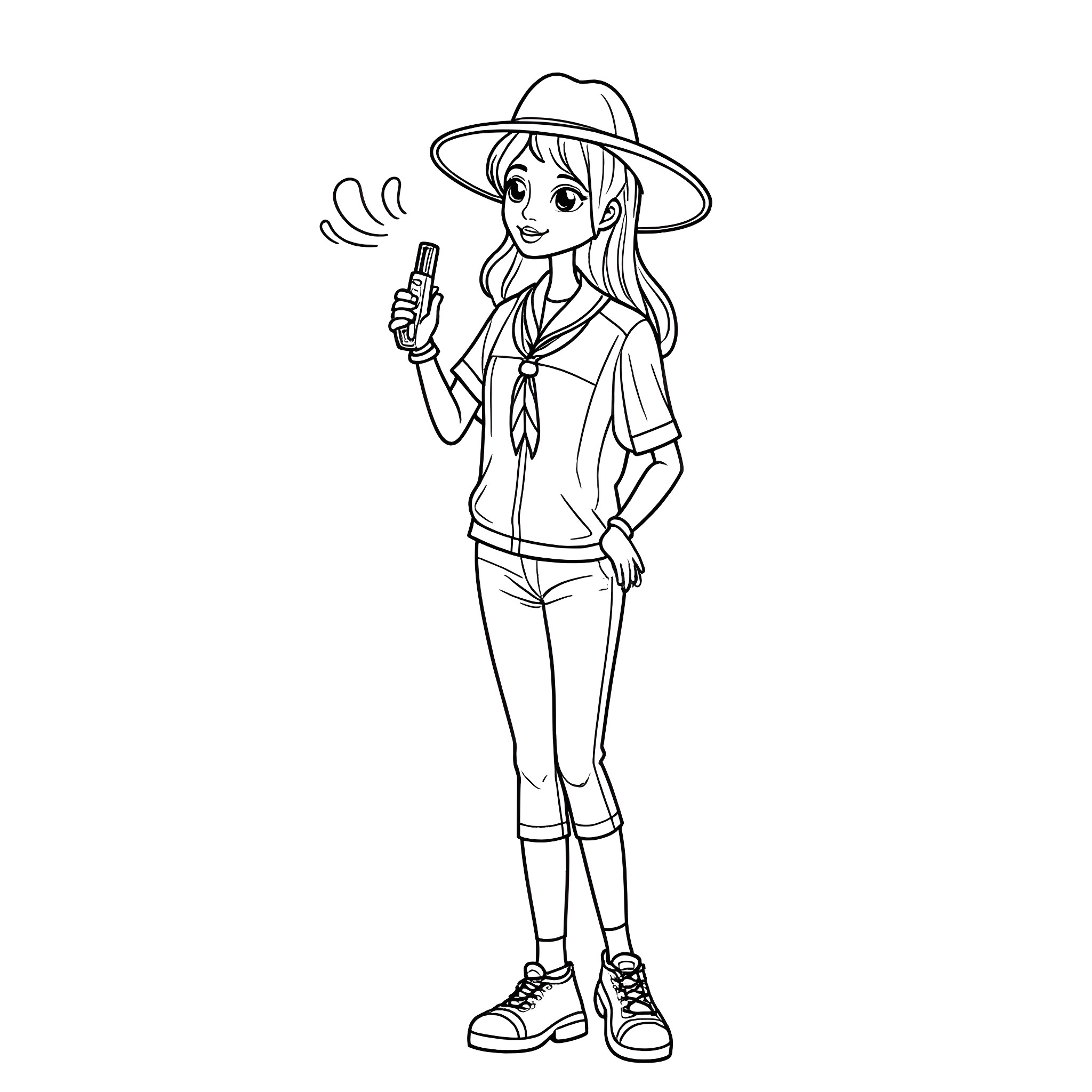 Girl Scout exploring nature with magnifying glass Coloring Page (free black-and-white line drawing printable PDF for all, from beginners to advanced learners, including children, teens, adults, and seniors)