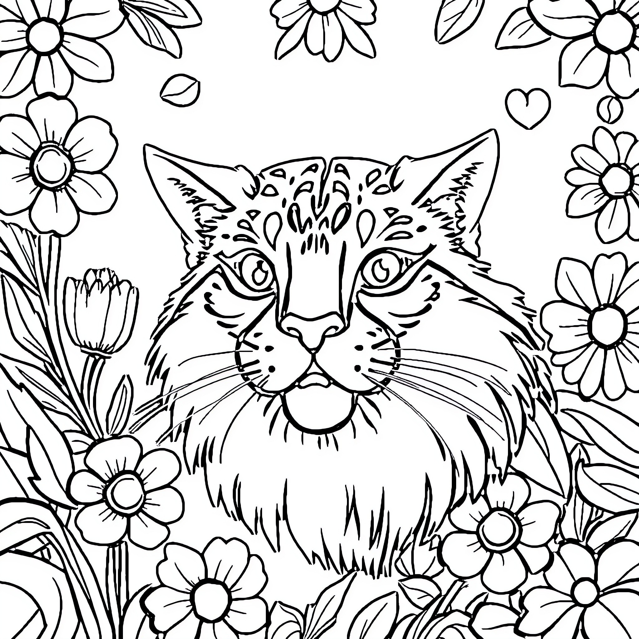 Art of a Playful Cat in a Floral Garden Coloring Page (free black-and-white line drawing printable PDF for all, from beginners to advanced learners, including children, teens, adults, and seniors)