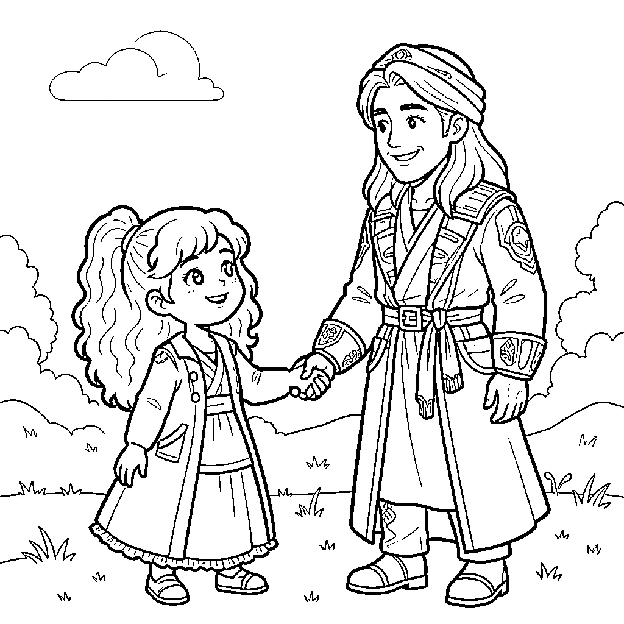 Rumi holding hands with a smiling young girl Coloring Page (free black-and-white line drawing printable PDF for all, from beginners to advanced learners, including children, teens, adults, and seniors)