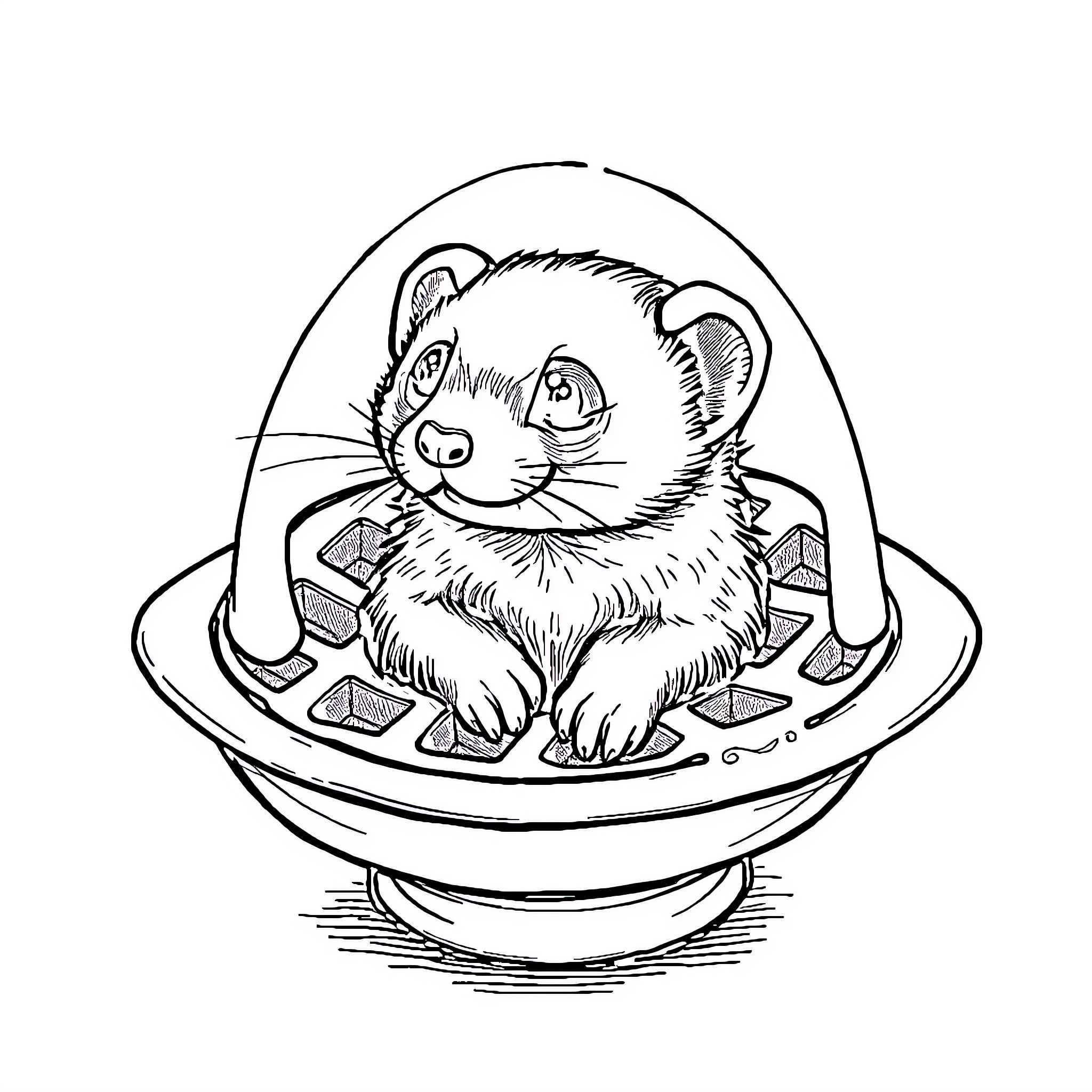 Ferret enjoying a cozy spacecraft ride Coloring Page (free black-and-white line drawing printable PDF for all, from beginners to advanced learners, including children, teens, adults, and seniors)