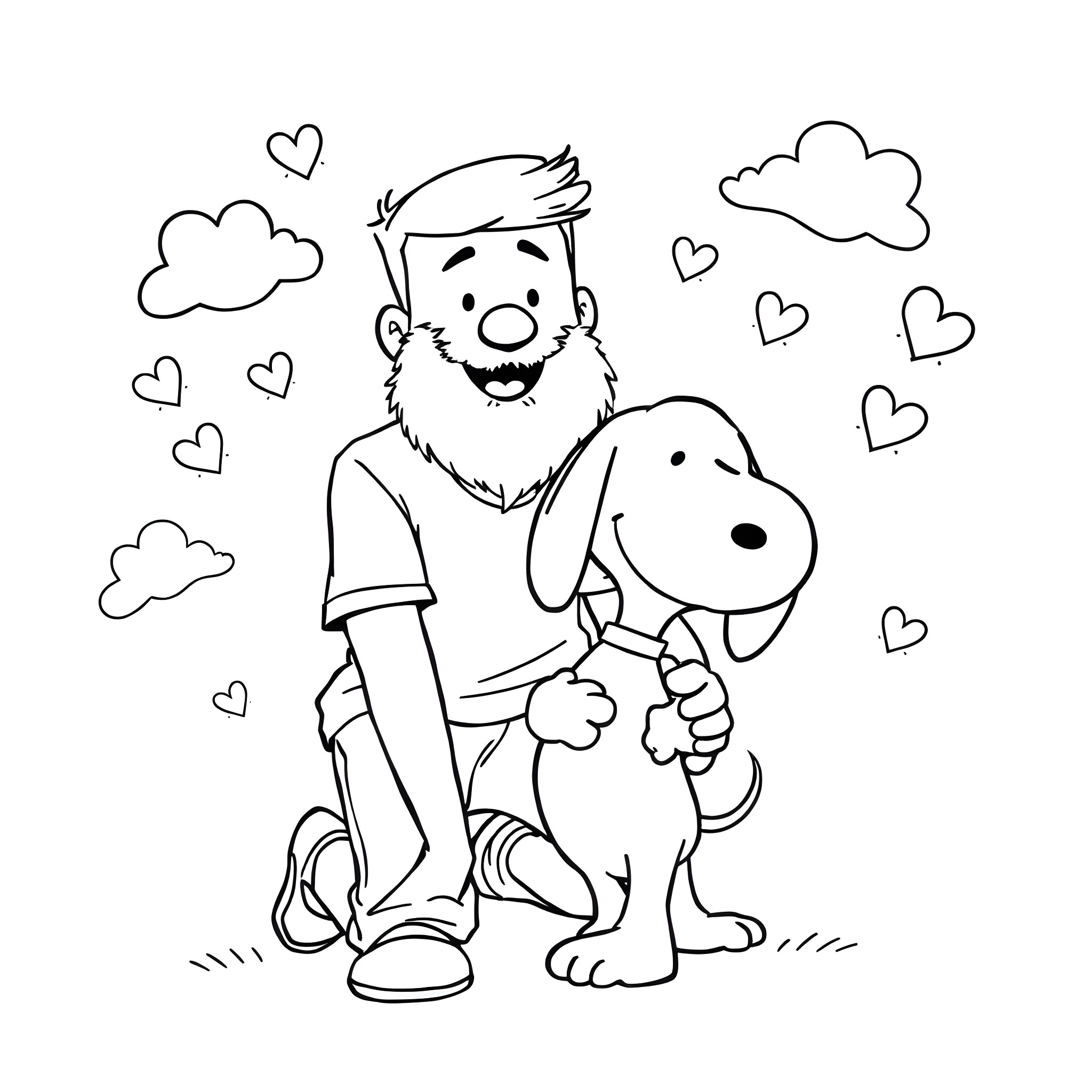Man happily playing with his dog surrounded by hearts Coloring Page (free black-and-white line drawing printable PDF for all, from beginners to advanced learners, including children, teens, adults, and seniors)