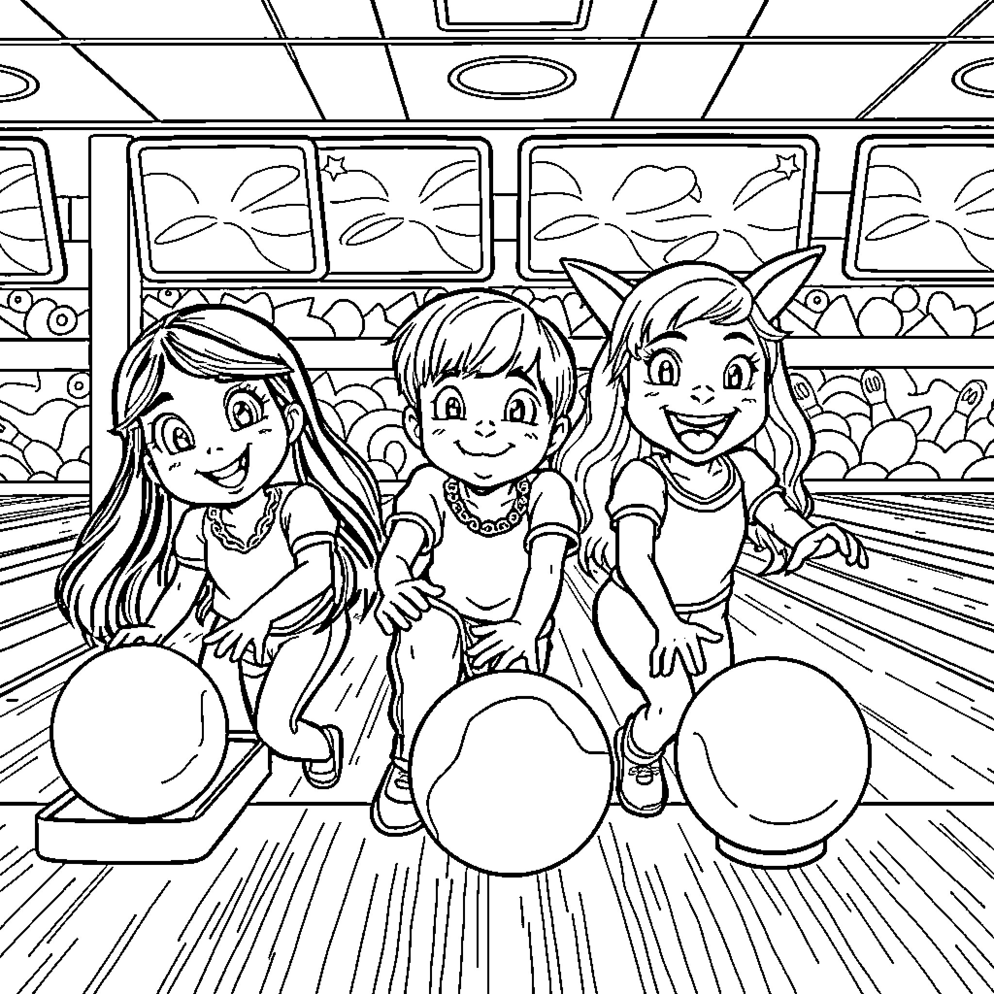 Bowling outing with smiling friends Coloring Page (free black-and-white line drawing printable PDF for all, from beginners to advanced learners, including children, teens, adults, and seniors)