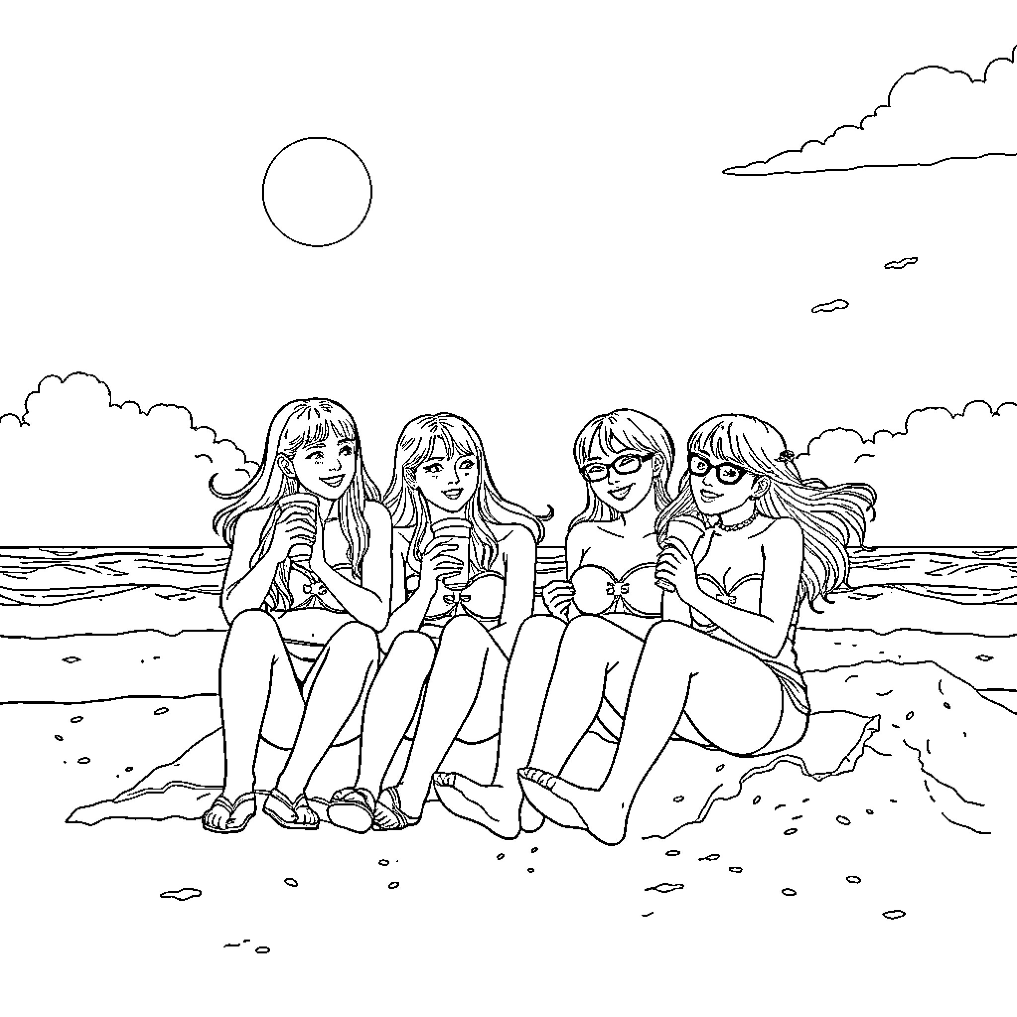 K-Pop Warriors on the Beach Coloring Page (free black-and-white line drawing printable PDF for all, from beginners to advanced learners, including children, teens, adults, and seniors)
