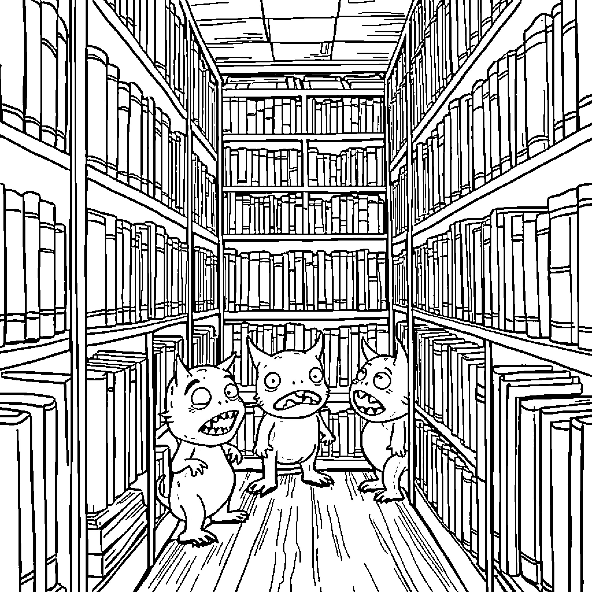 Monster Creatures Explore Mysterious Library Shelves Coloring Page (free black-and-white line drawing printable PDF for all, from beginners to advanced learners, including children, teens, adults, and seniors)