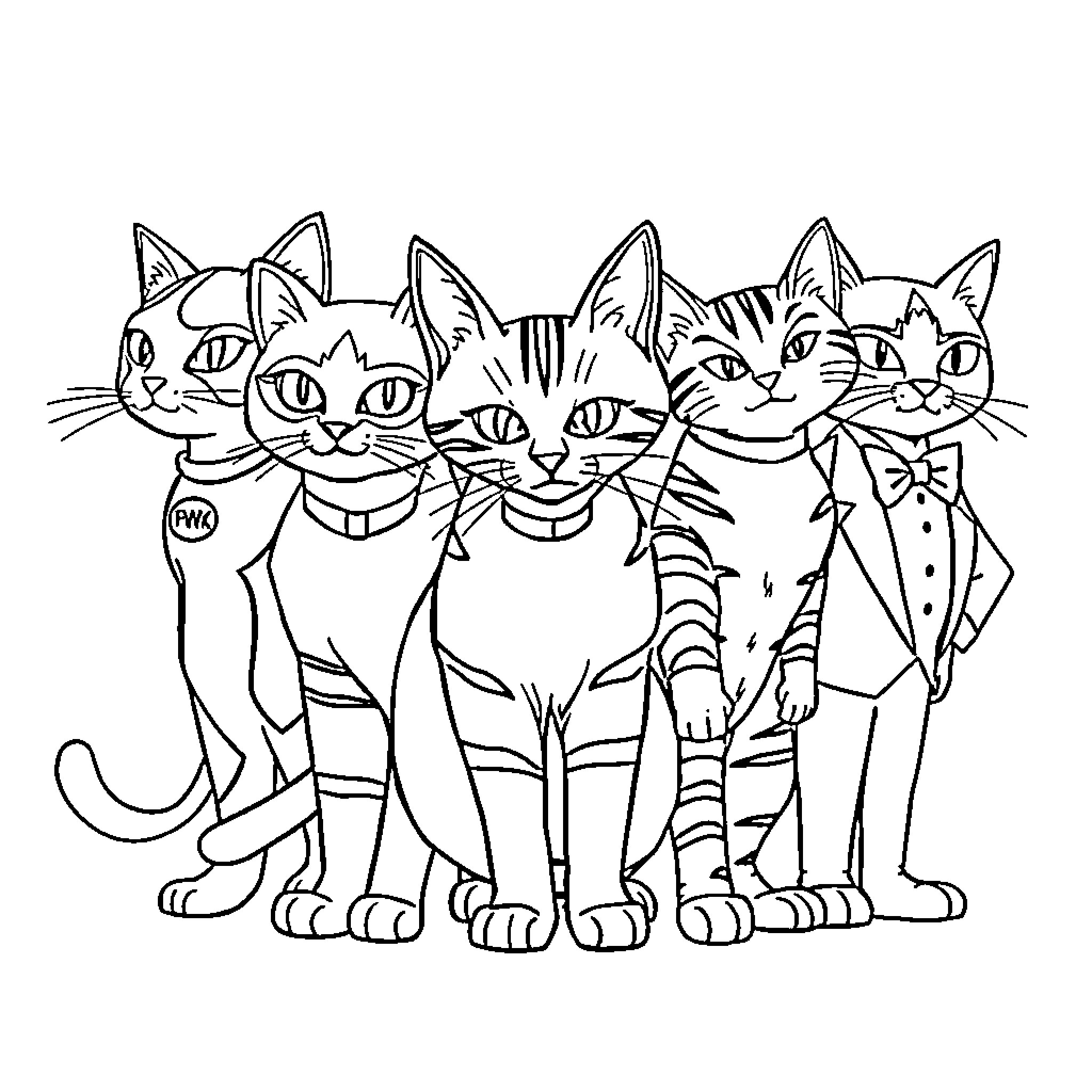 Cat group posing together Coloring Page (free black-and-white line drawing printable PDF for all, from beginners to advanced learners, including children, teens, adults, and seniors)