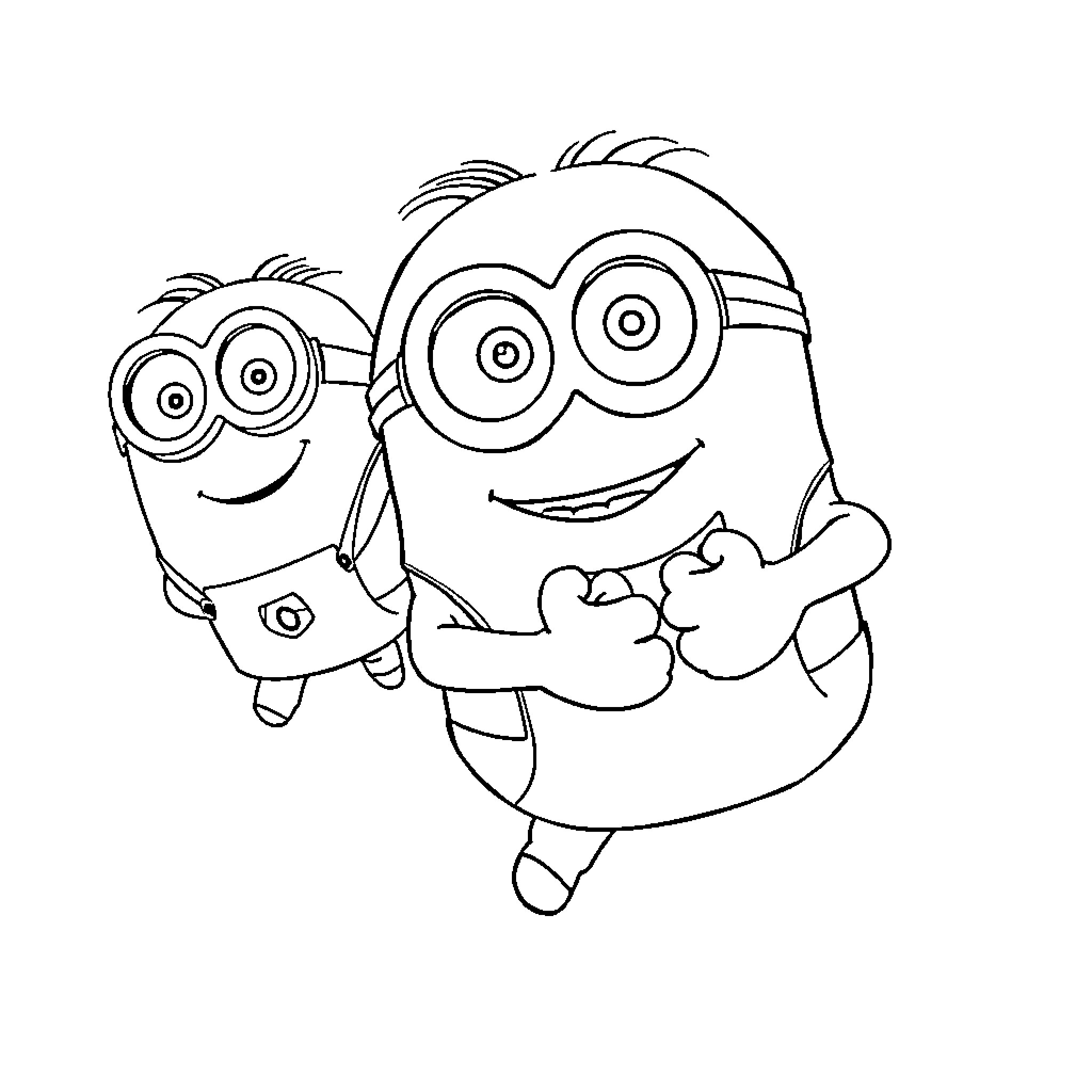 Minions enthusiastically celebrating and embracing Coloring Page (free black-and-white line drawing printable PDF for all, from beginners to advanced learners, including children, teens, adults, and seniors)