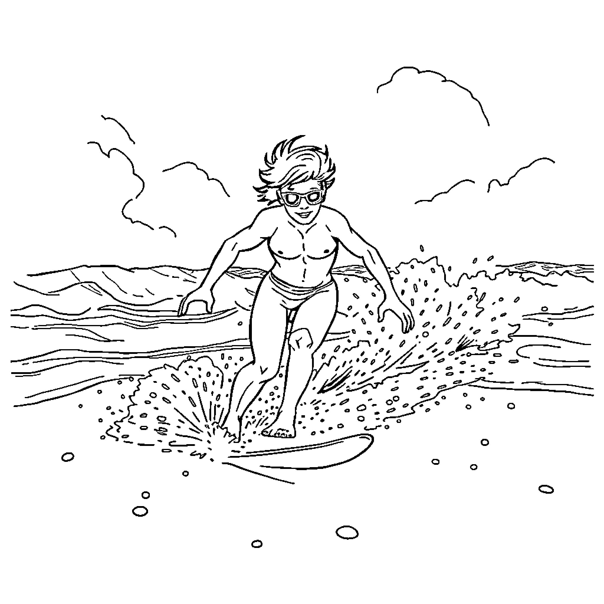 Evoli surfing the waves on the beach Coloring Page (free black-and-white line drawing printable PDF for all, from beginners to advanced learners, including children, teens, adults, and seniors)