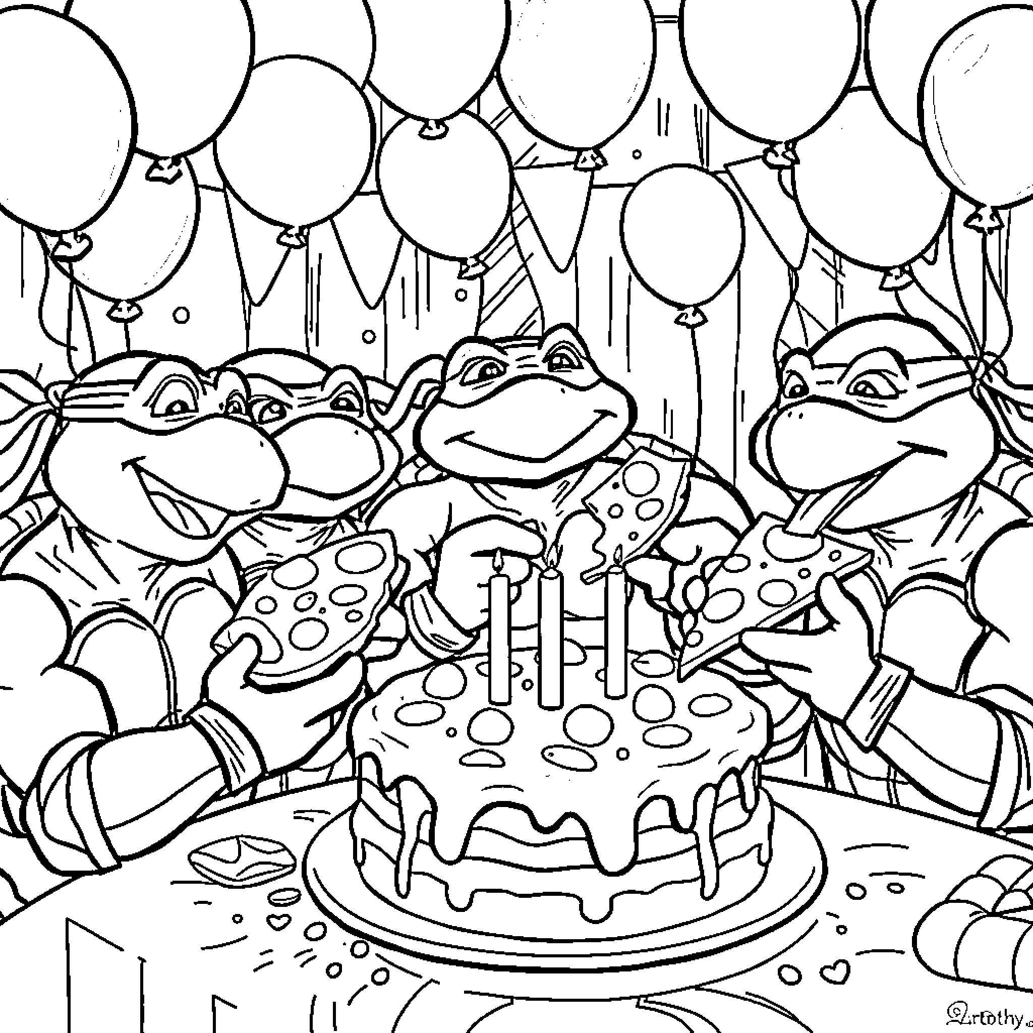 Teenage Mutant Ninja Turtles Celebrate Birthday with Cake and Balloons Coloring Page (free black-and-white line drawing printable PDF for all, from beginners to advanced learners, including children, teens, adults, and seniors)