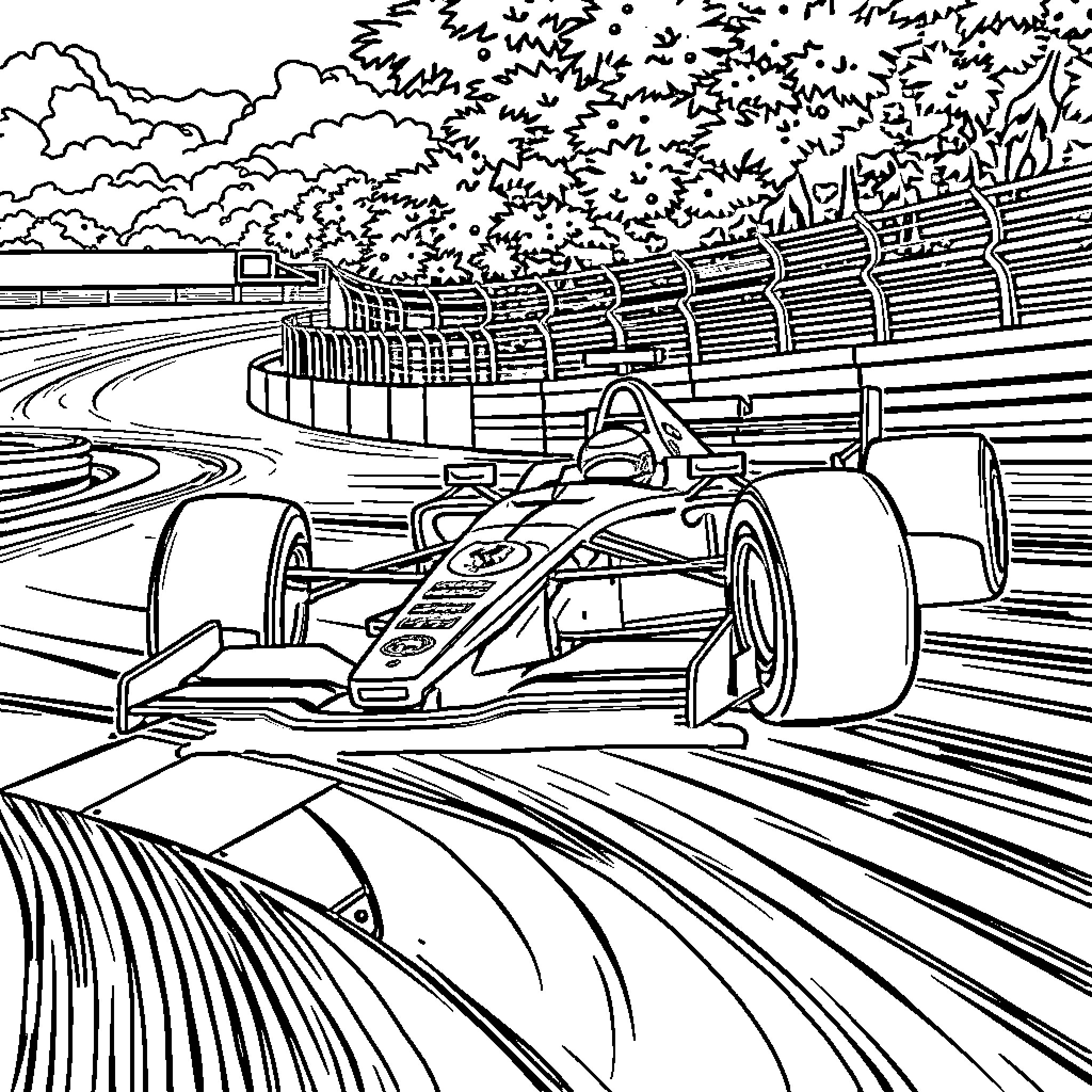Ferrari F1 car racing on the track Coloring Page (free black-and-white line drawing printable PDF for all, from beginners to advanced learners, including children, teens, adults, and seniors)