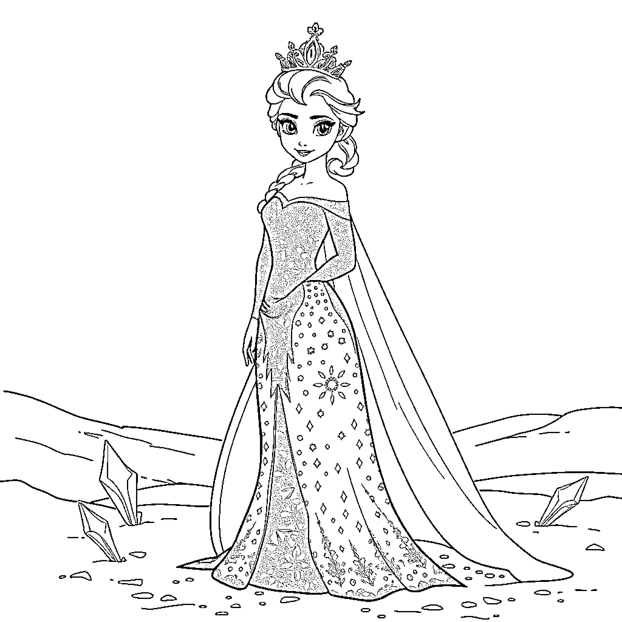 Elsa's Majestic Winter Wonderland Adventure Coloring Page (free black-and-white line drawing printable PDF for all, from beginners to advanced learners, including children, teens, adults, and seniors)