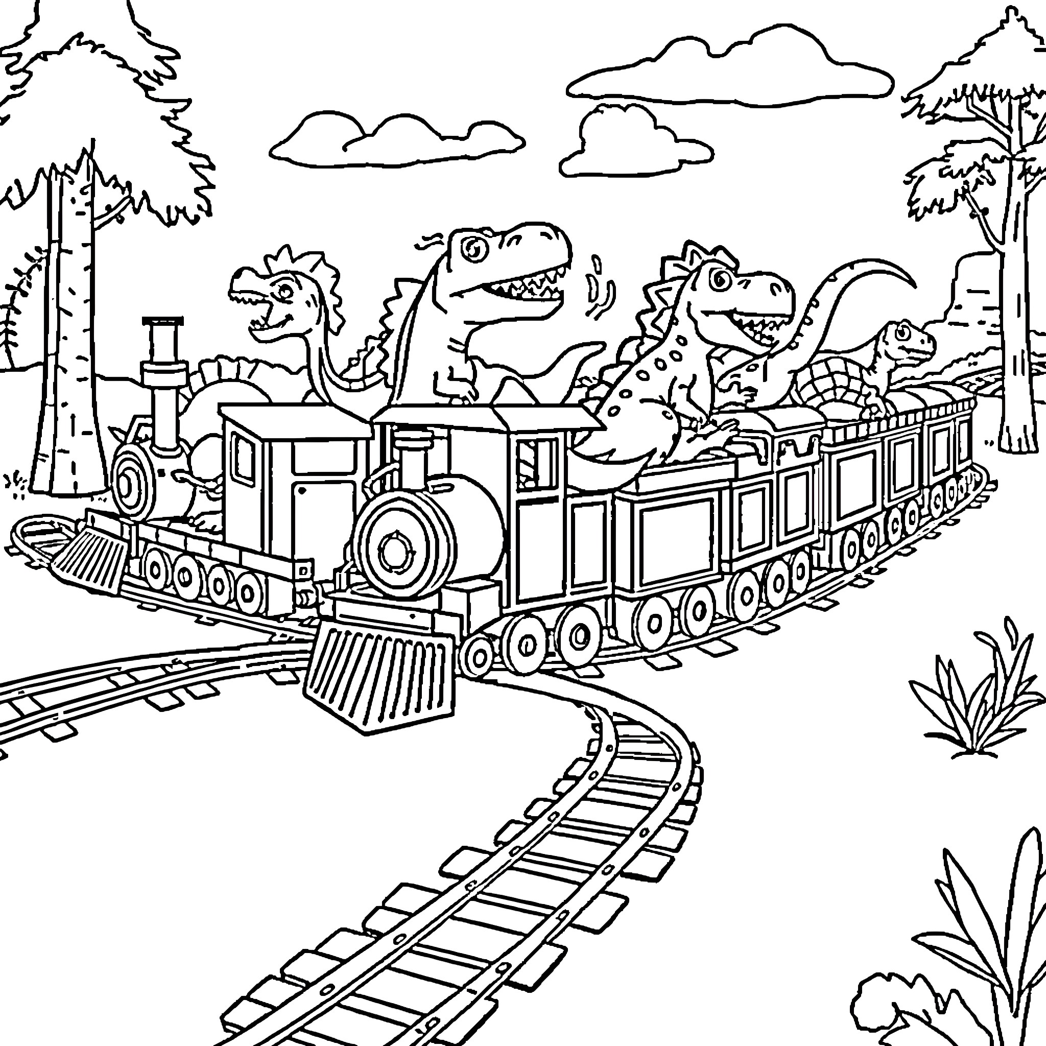 Dinosaurs riding a locomotive through the wilderness Coloring Page (free black-and-white line drawing printable PDF for all, from beginners to advanced learners, including children, teens, adults, and seniors)