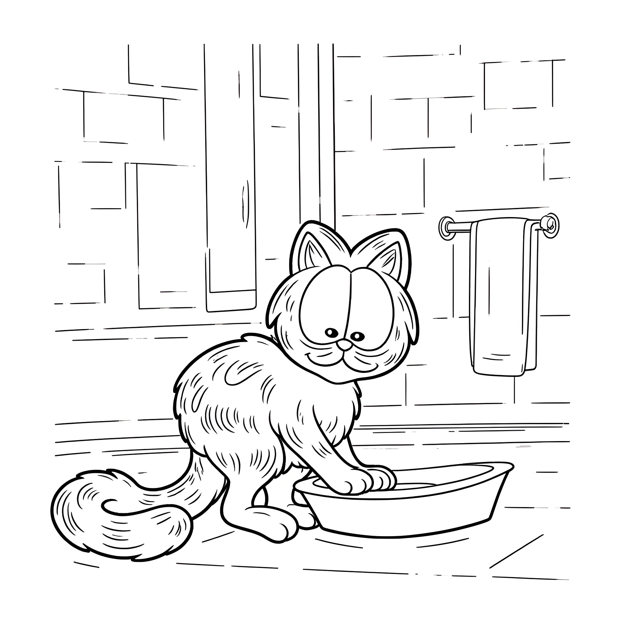 Garfield eating from a bowl in the bathroom Coloring Page (free black-and-white line drawing printable PDF for all, from beginners to advanced learners, including children, teens, adults, and seniors)