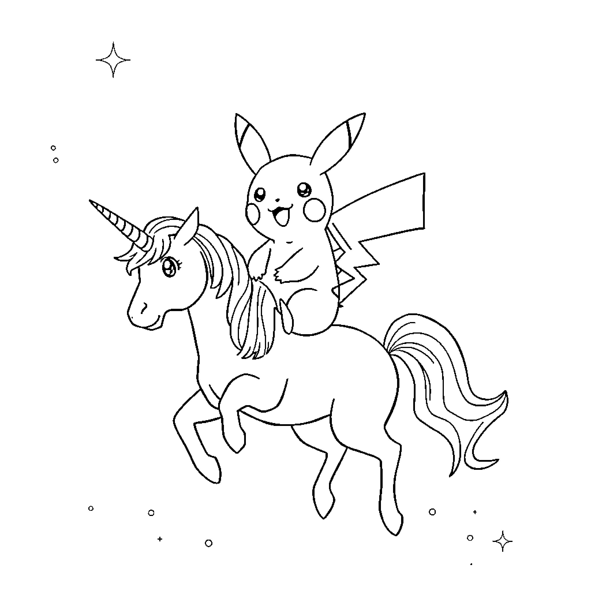 Pikachu riding a magical unicorn Coloring Page (free black-and-white line drawing printable PDF for all, from beginners to advanced learners, including children, teens, adults, and seniors)