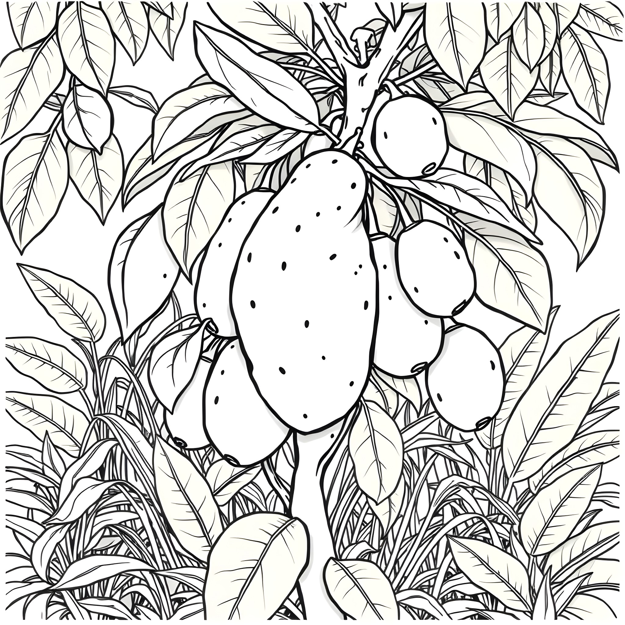 Abiu Fruit growing on a lush tropical plant Coloring Page (free black-and-white line drawing printable PDF for all, from beginners to advanced learners, including children, teens, adults, and seniors)
