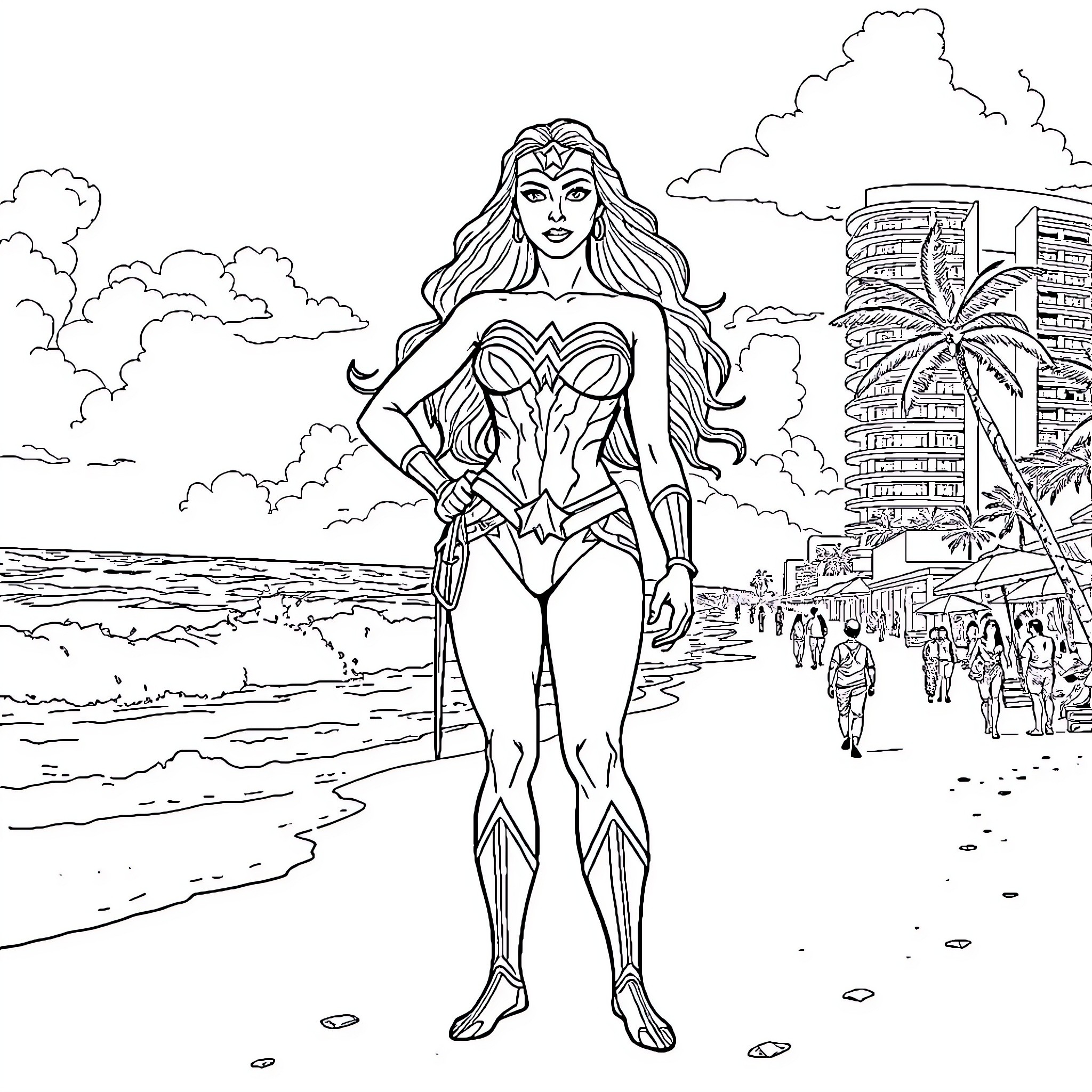 Wonder Woman battles evil on the beach Coloring Page (free black-and-white line drawing printable PDF for all, from beginners to advanced learners, including children, teens, adults, and seniors)