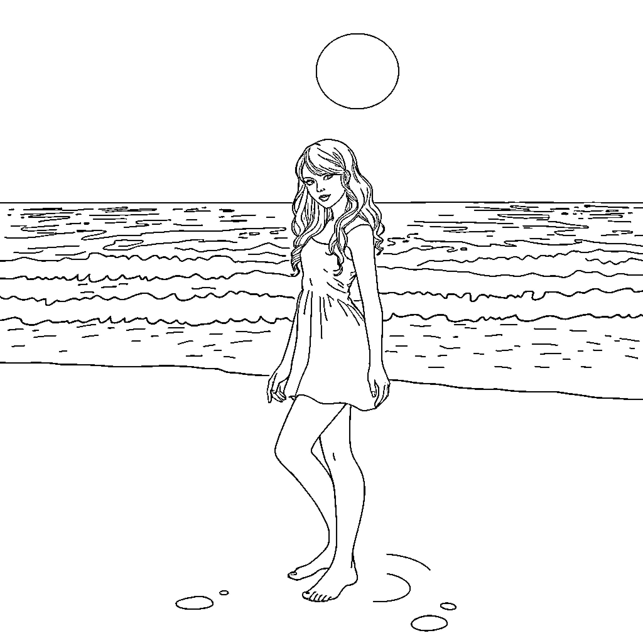 Taylor Swift enjoying a peaceful moment by the ocean Coloring Page (free black-and-white line drawing printable PDF for all, from beginners to advanced learners, including children, teens, adults, and seniors)