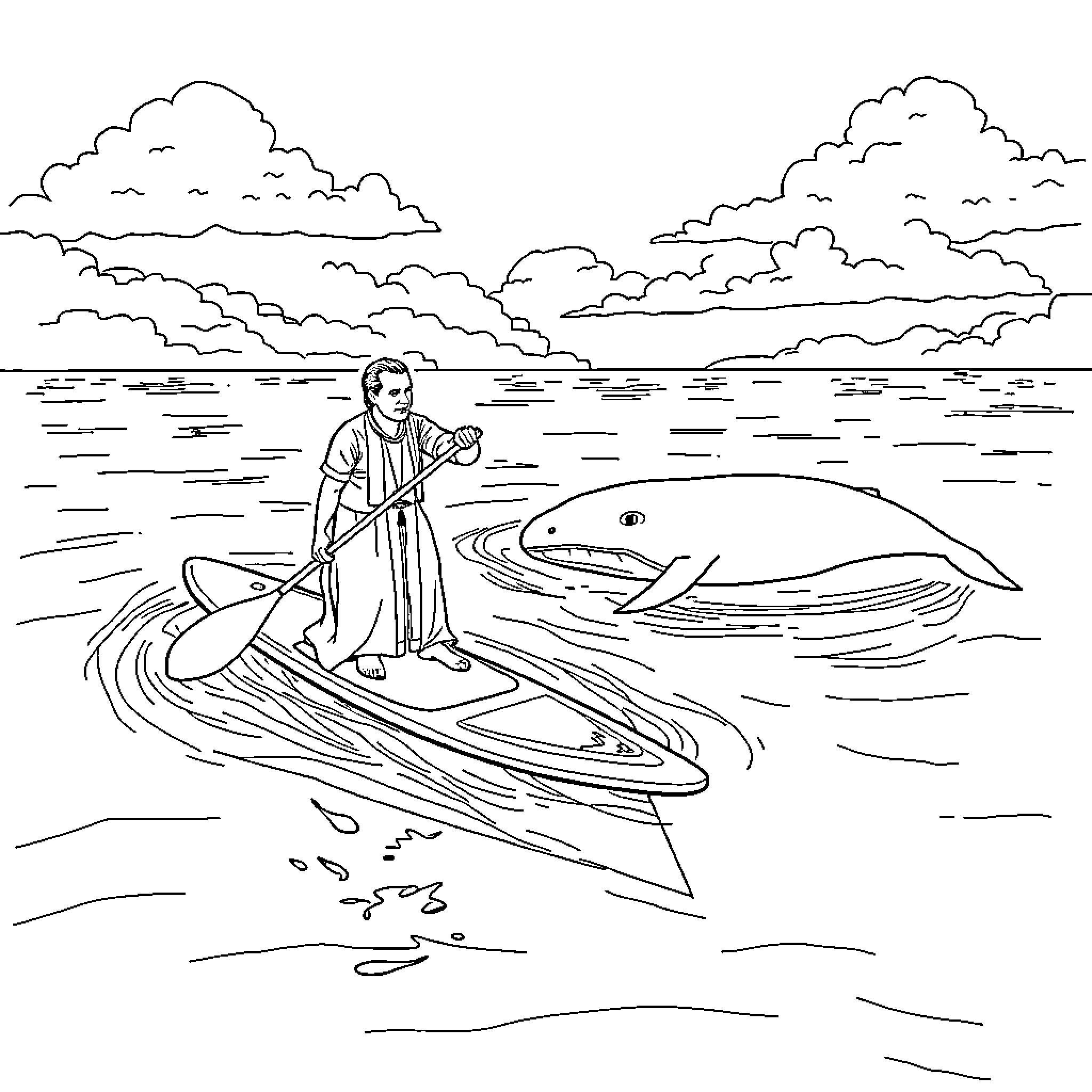 Priest walking on the water with sea creature Coloring Page (free black-and-white line drawing printable PDF for all, from beginners to advanced learners, including children, teens, adults, and seniors)