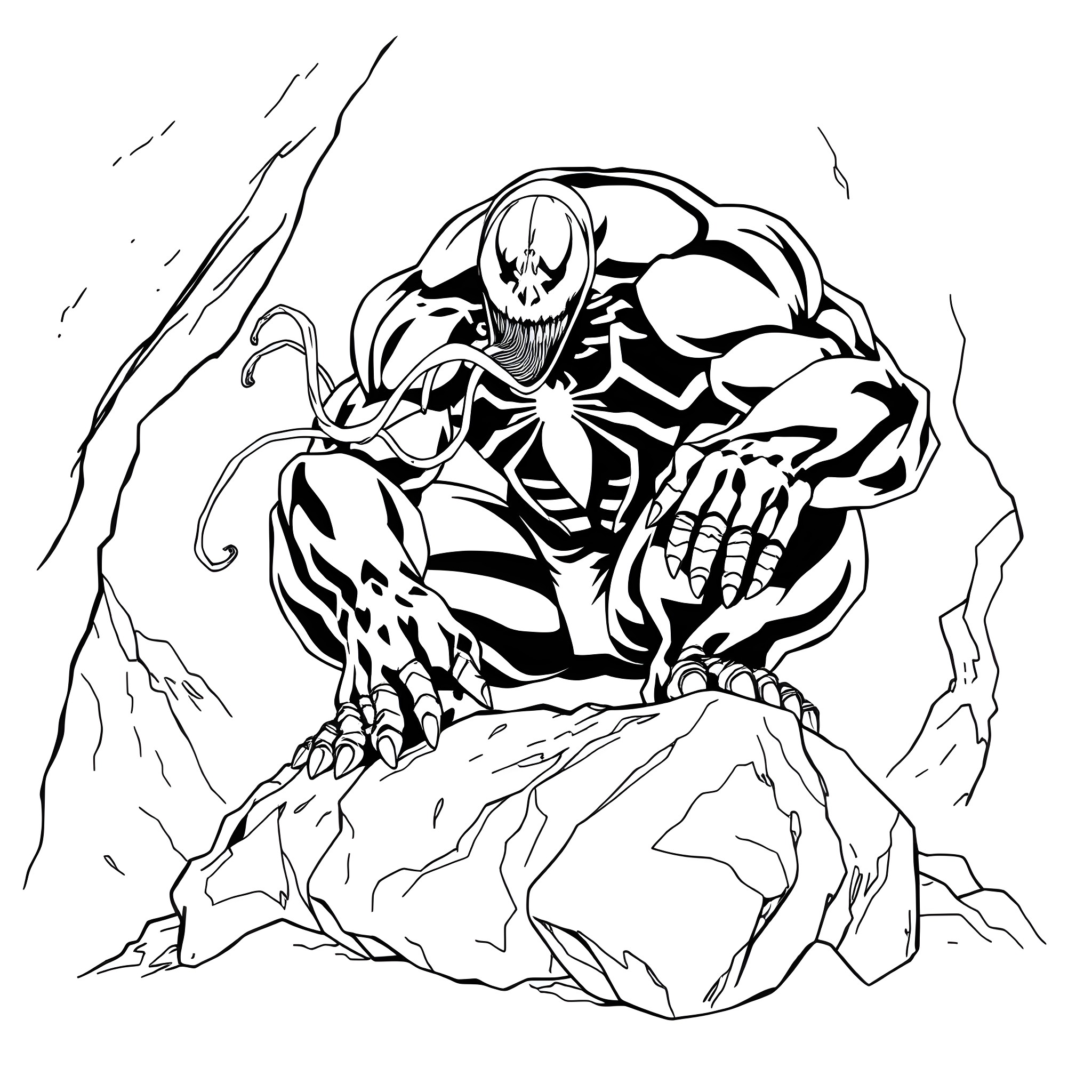Hulk-like Monster Crouching on Rocks Coloring Page (free black-and-white line drawing printable PDF for all, from beginners to advanced learners, including children, teens, adults, and seniors)