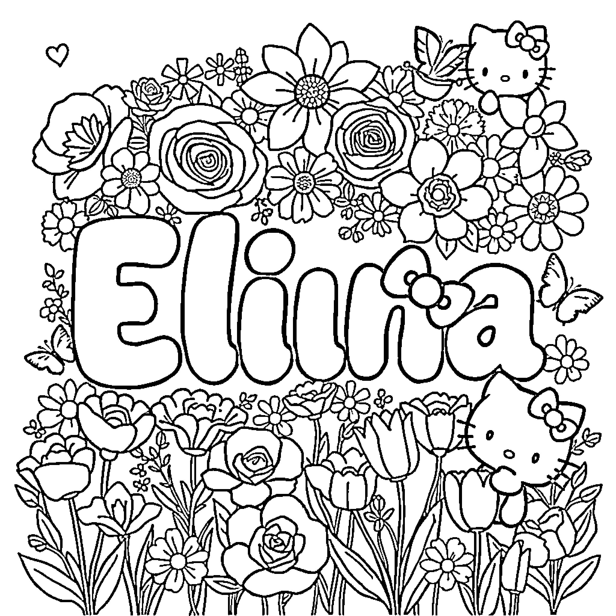 Eliana playing amongst a floral garden Coloring Page (free black-and-white line drawing printable PDF for all, from beginners to advanced learners, including children, teens, adults, and seniors)