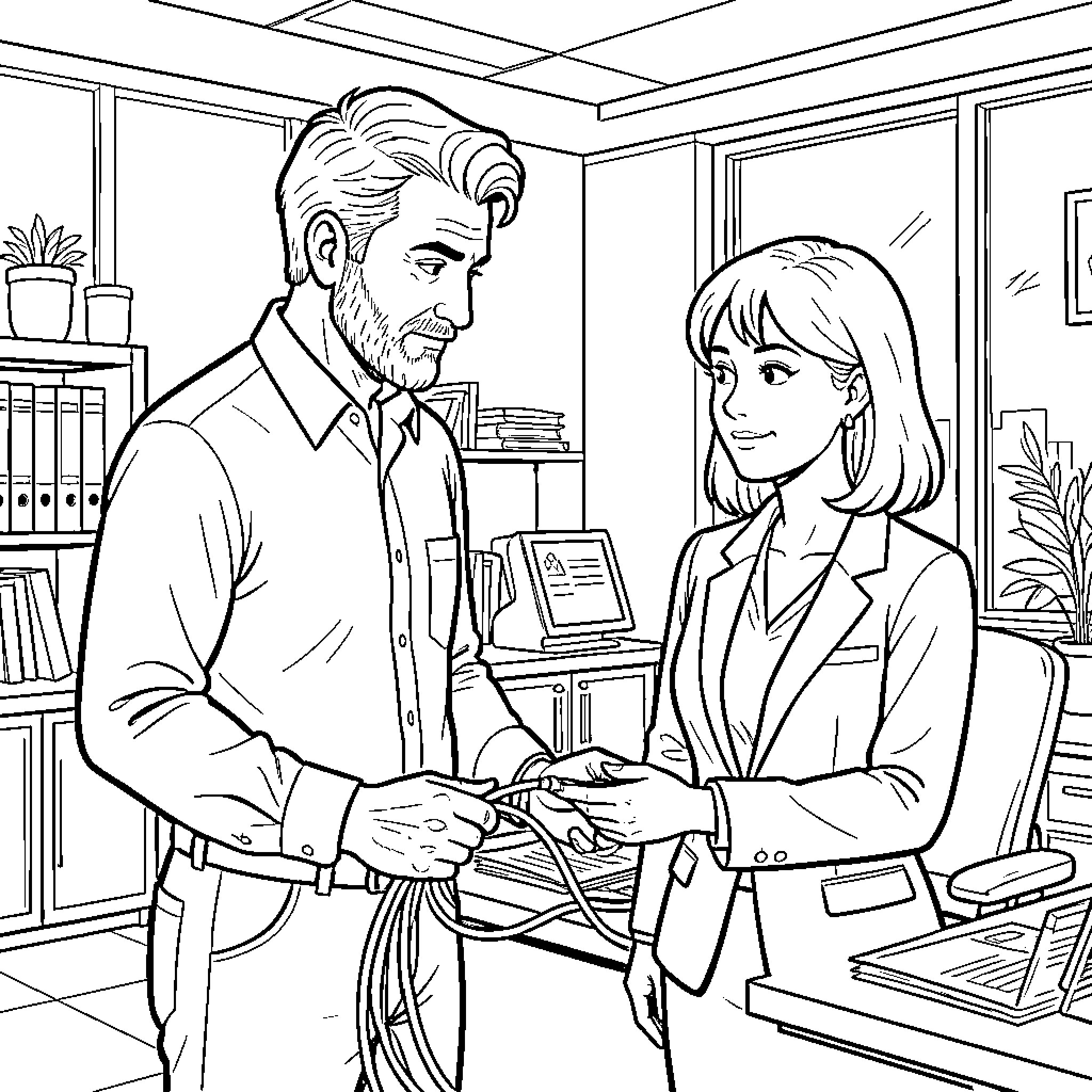 Hombre and Woman Discussing Documents in Office Coloring Page (free black-and-white line drawing printable PDF for all, from beginners to advanced learners, including children, teens, adults, and seniors)