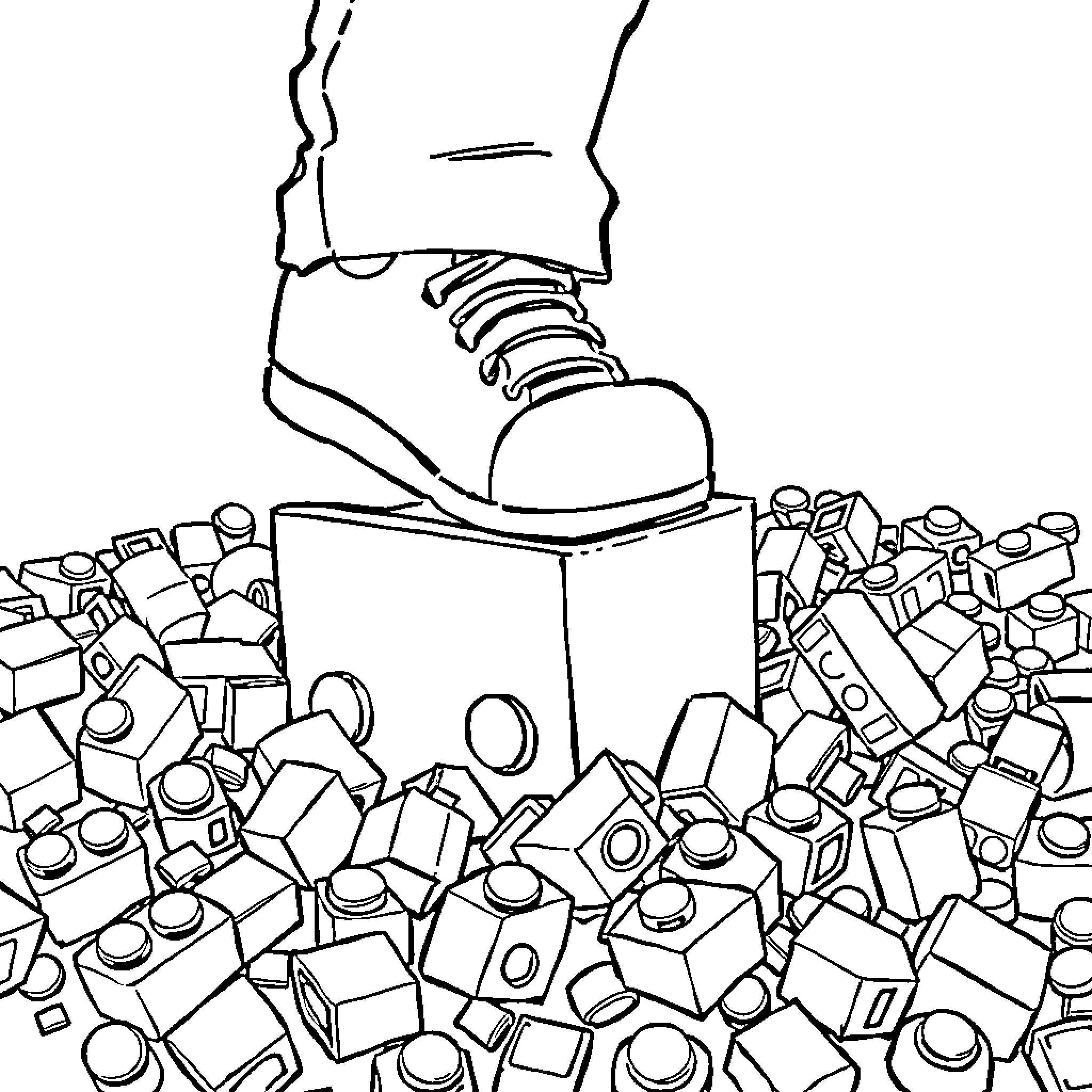Lego boot stepping on scattered toy blocks Coloring Page (free black-and-white line drawing printable PDF for all, from beginners to advanced learners, including children, teens, adults, and seniors)
