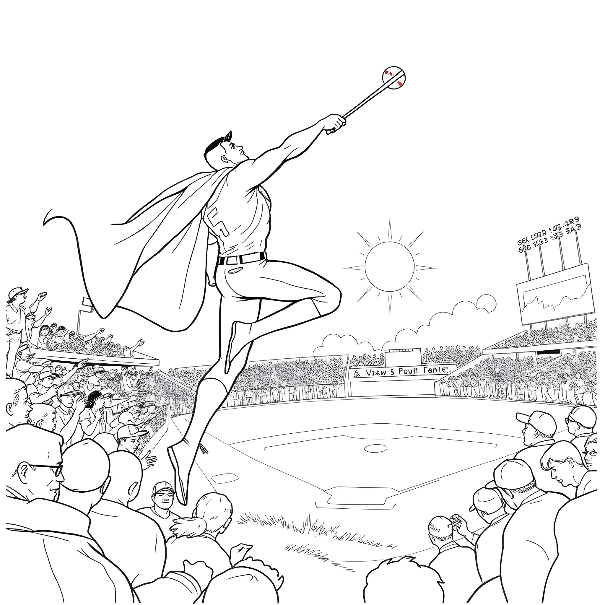 Superman soaring over a stadium crowd Coloring Page (free black-and-white line drawing printable PDF for all, from beginners to advanced learners, including children, teens, adults, and seniors)
