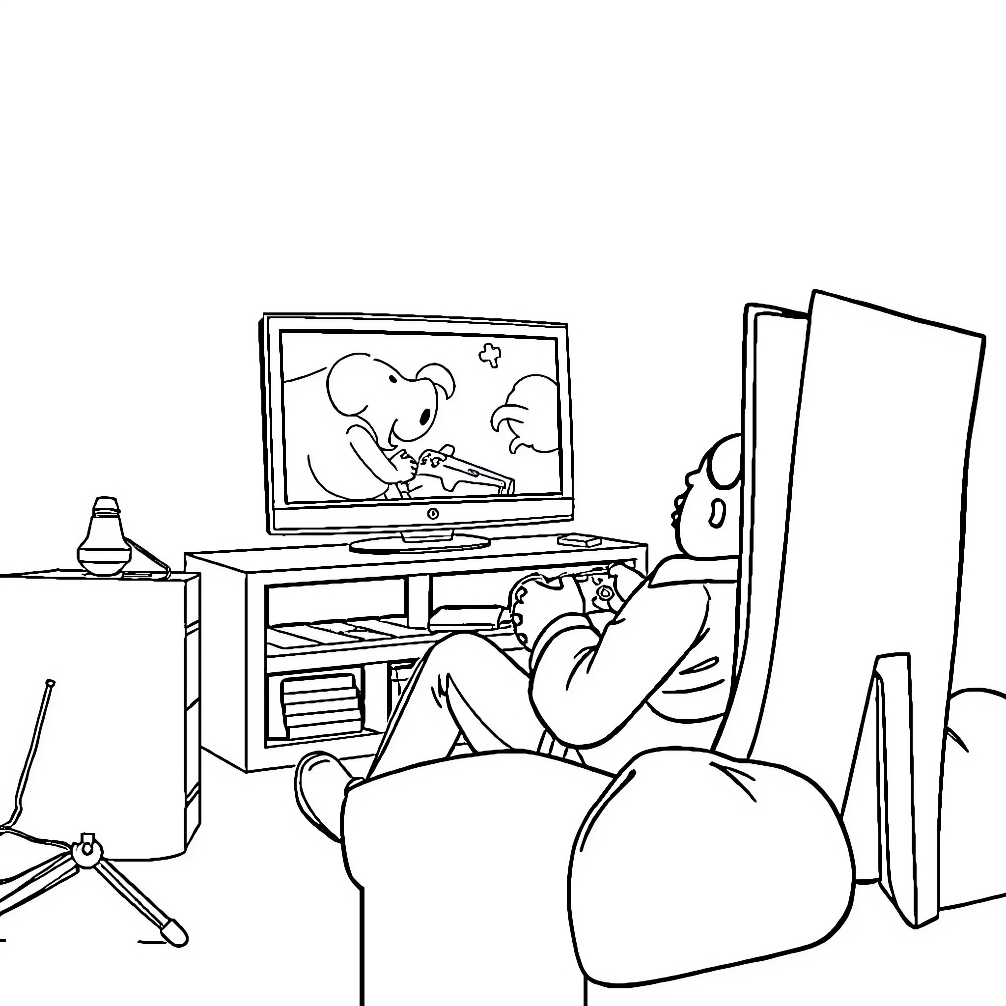 Bulldog relaxing and watching TV at home Coloring Page (free black-and-white line drawing printable PDF for all, from beginners to advanced learners, including children, teens, adults, and seniors)