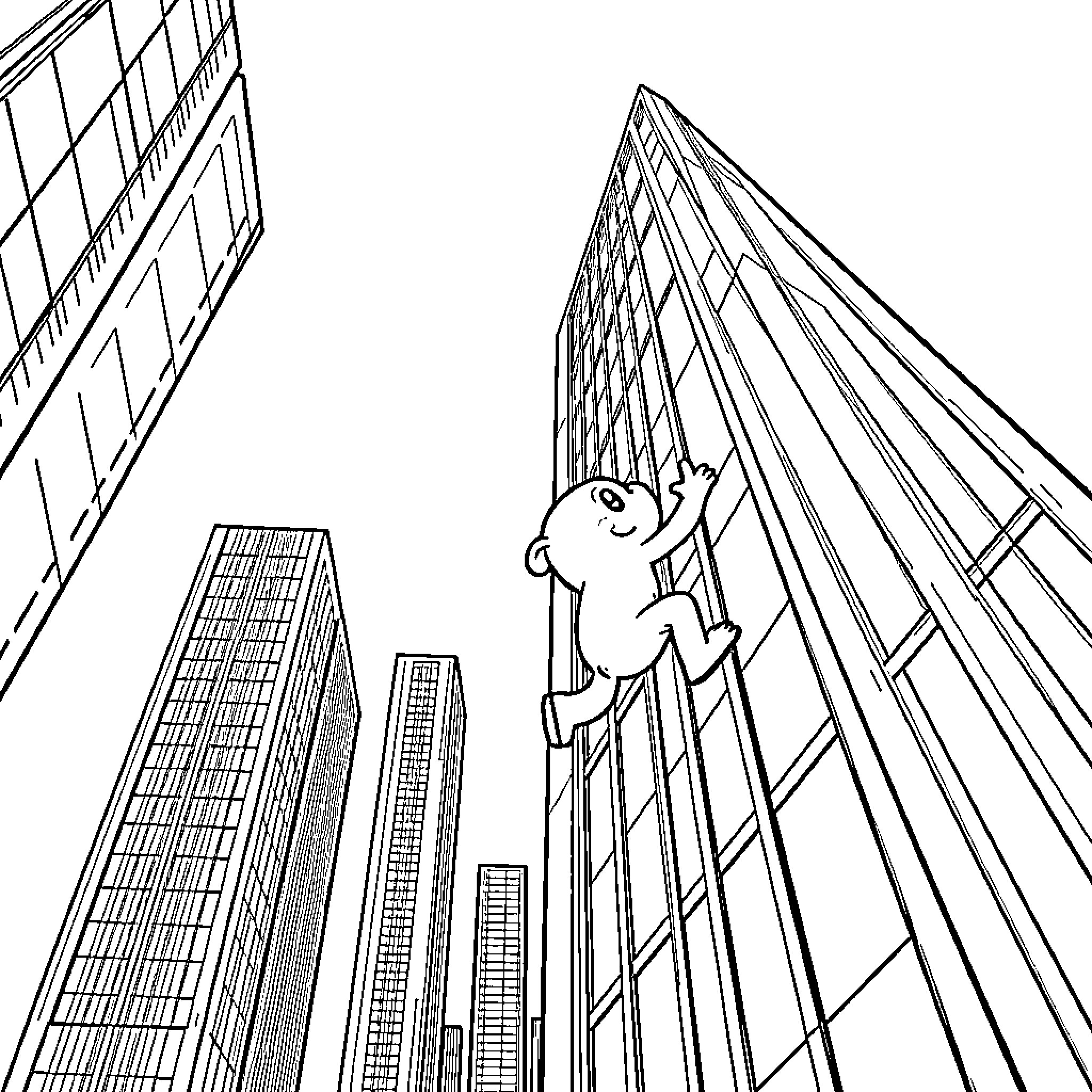 Bluey climbing up the skyscrapers in the city Coloring Page (free black-and-white line drawing printable PDF for all, from beginners to advanced learners, including children, teens, adults, and seniors)