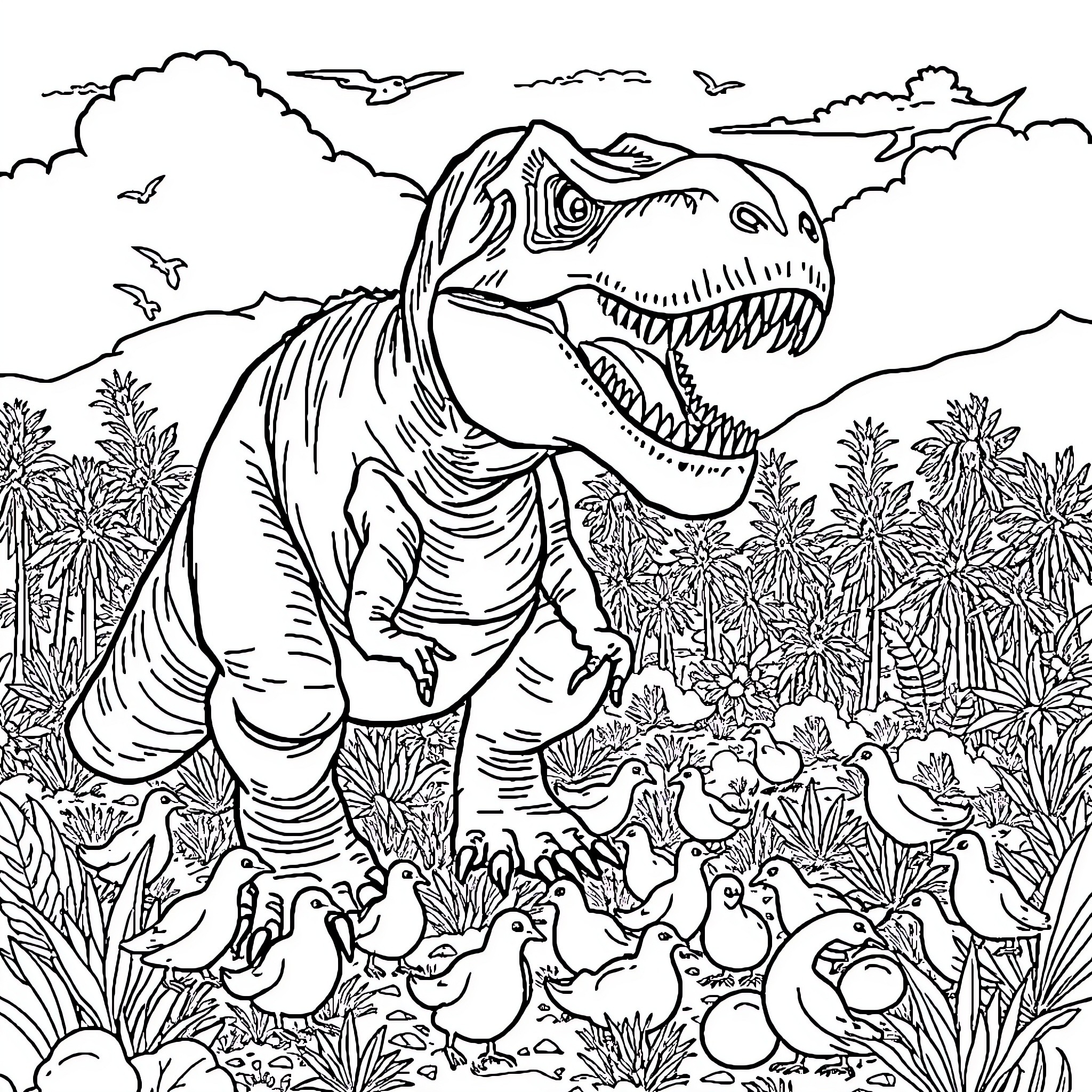 Dinosaur roaming through lush prehistoric landscape Coloring Page (free black-and-white line drawing printable PDF for all, from beginners to advanced learners, including children, teens, adults, and seniors)