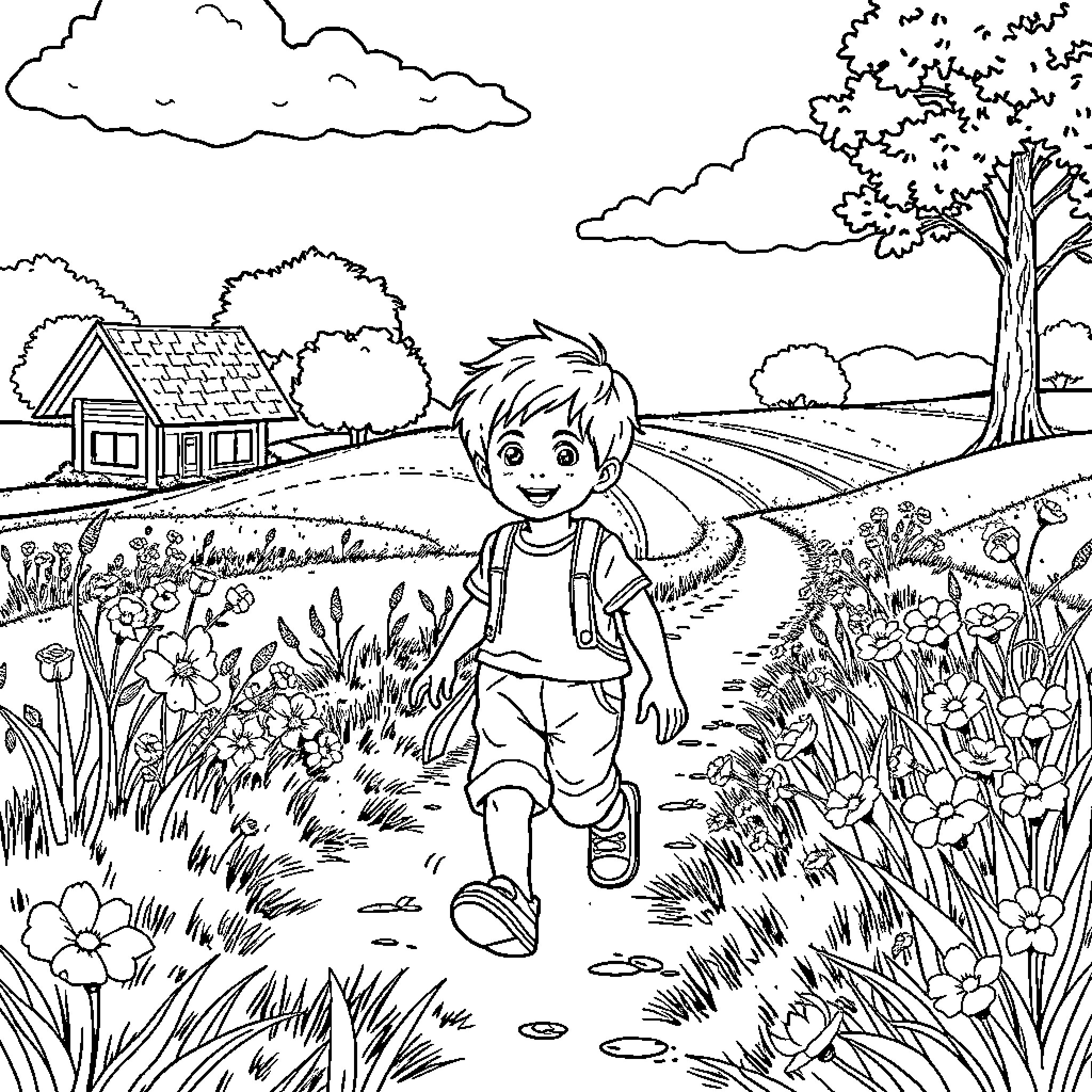 Child walking happily on a path through nature Coloring Page (free black-and-white line drawing printable PDF for all, from beginners to advanced learners, including children, teens, adults, and seniors)