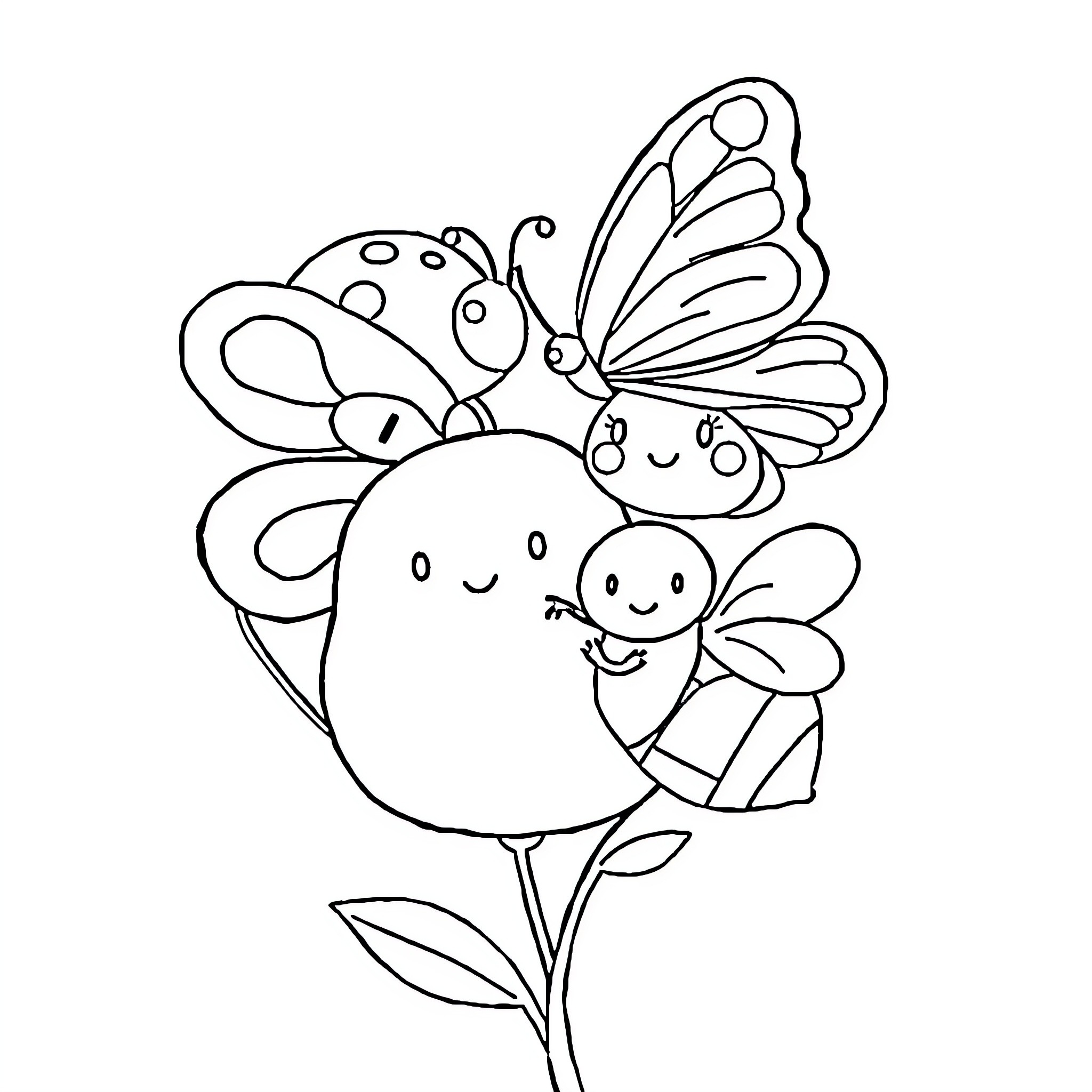Squishmallow characters playing on a flower Coloring Page (free black-and-white line drawing printable PDF for all, from beginners to advanced learners, including children, teens, adults, and seniors)