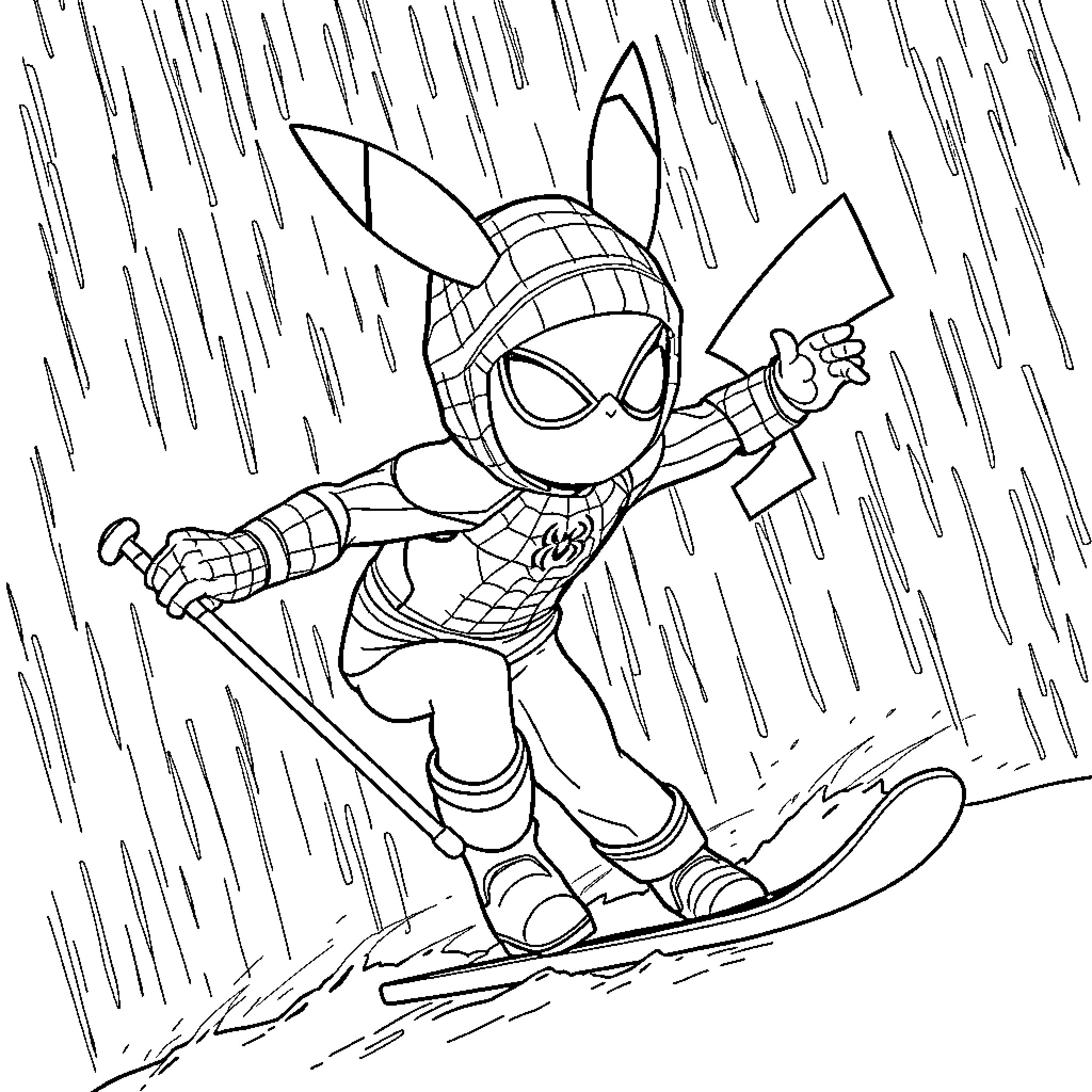 Spiderman snowboarding through the storm Coloring Page (free black-and-white line drawing printable PDF for all, from beginners to advanced learners, including children, teens, adults, and seniors)