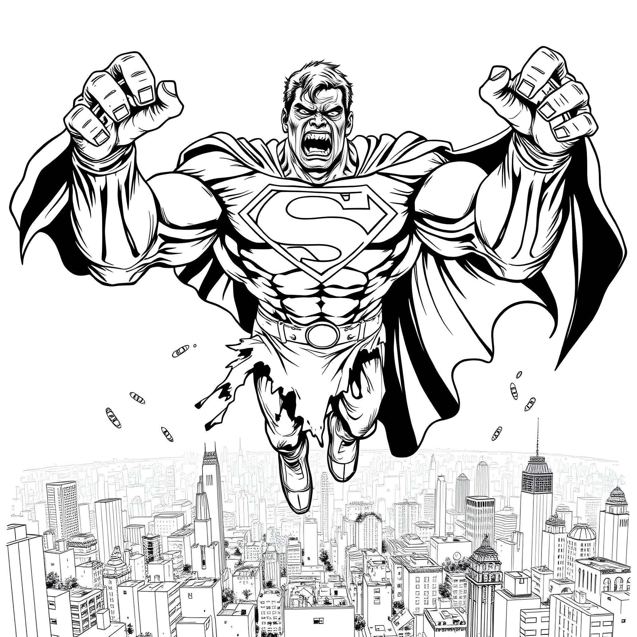Zombie Superman Unleashes Fury over Cityscape Coloring Page (free black-and-white line drawing printable PDF for all, from beginners to advanced learners, including children, teens, adults, and seniors)