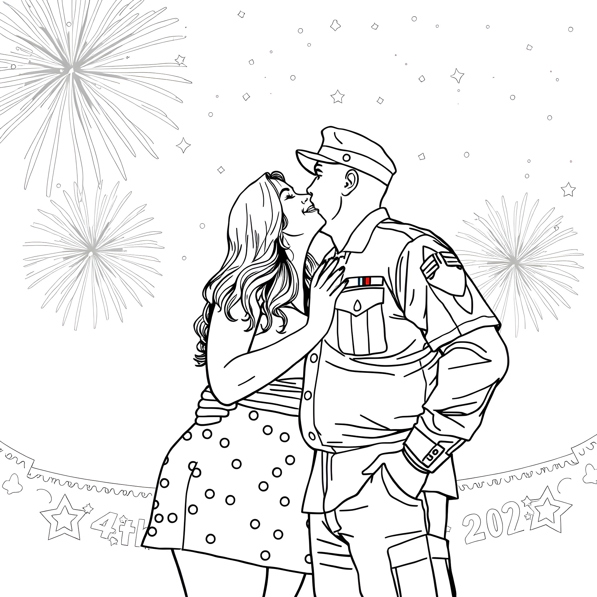Woman embracing military officer under fireworks Coloring Page (free black-and-white line drawing printable PDF for all, from beginners to advanced learners, including children, teens, adults, and seniors)