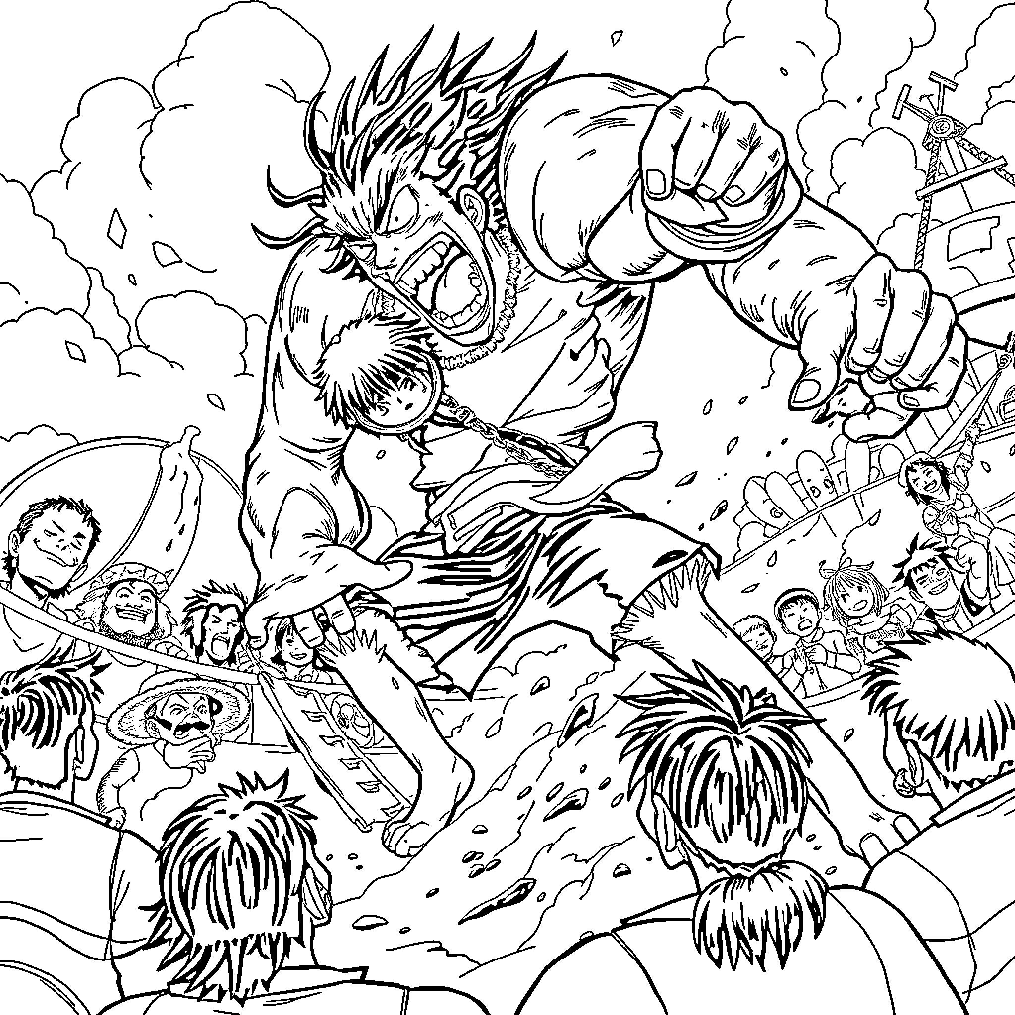 Luffy's epic battle in a chaotic scene Coloring Page (free black-and-white line drawing printable PDF for all, from beginners to advanced learners, including children, teens, adults, and seniors)