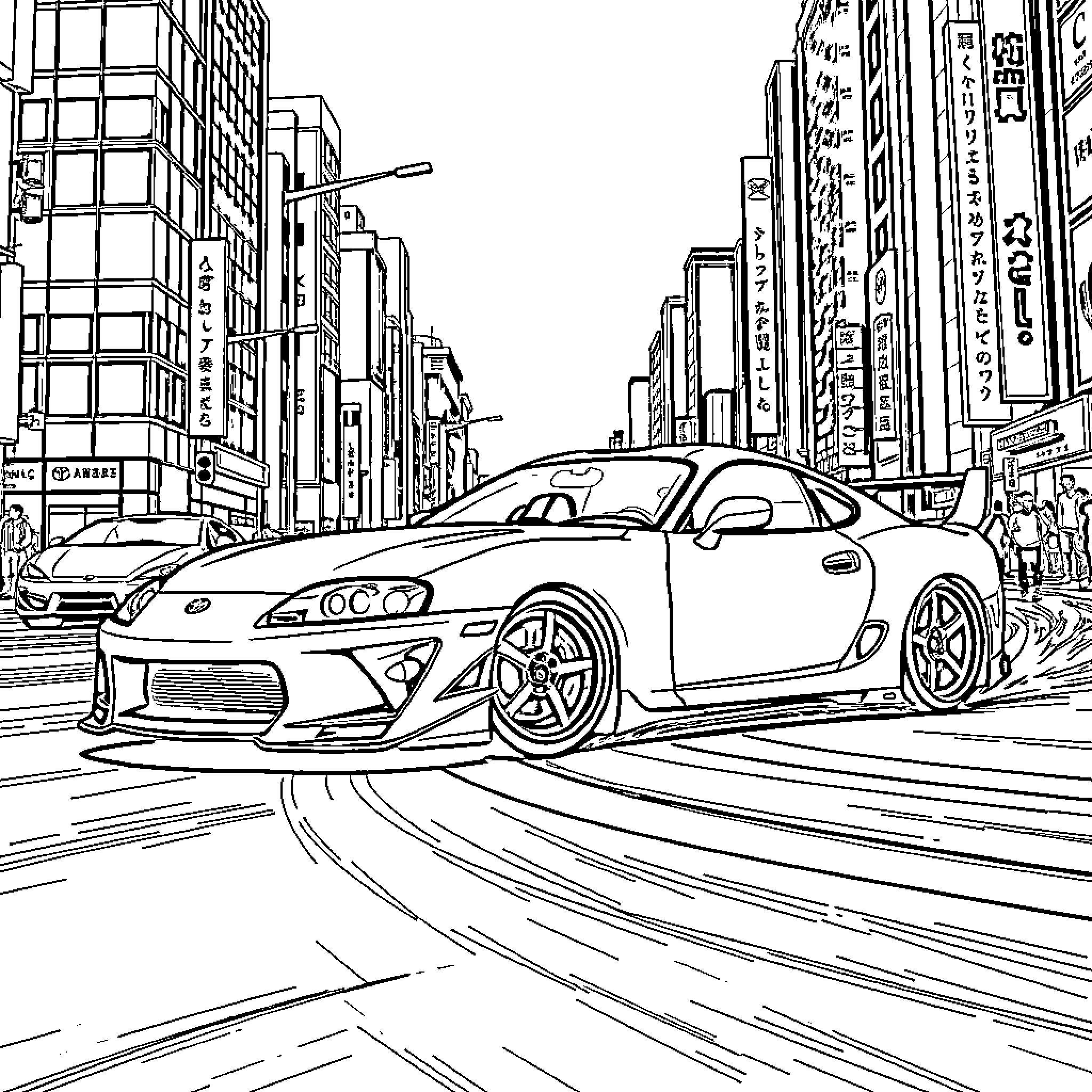 Toyota Supra speeding through busy city streets Coloring Page (free black-and-white line drawing printable PDF for all, from beginners to advanced learners, including children, teens, adults, and seniors)