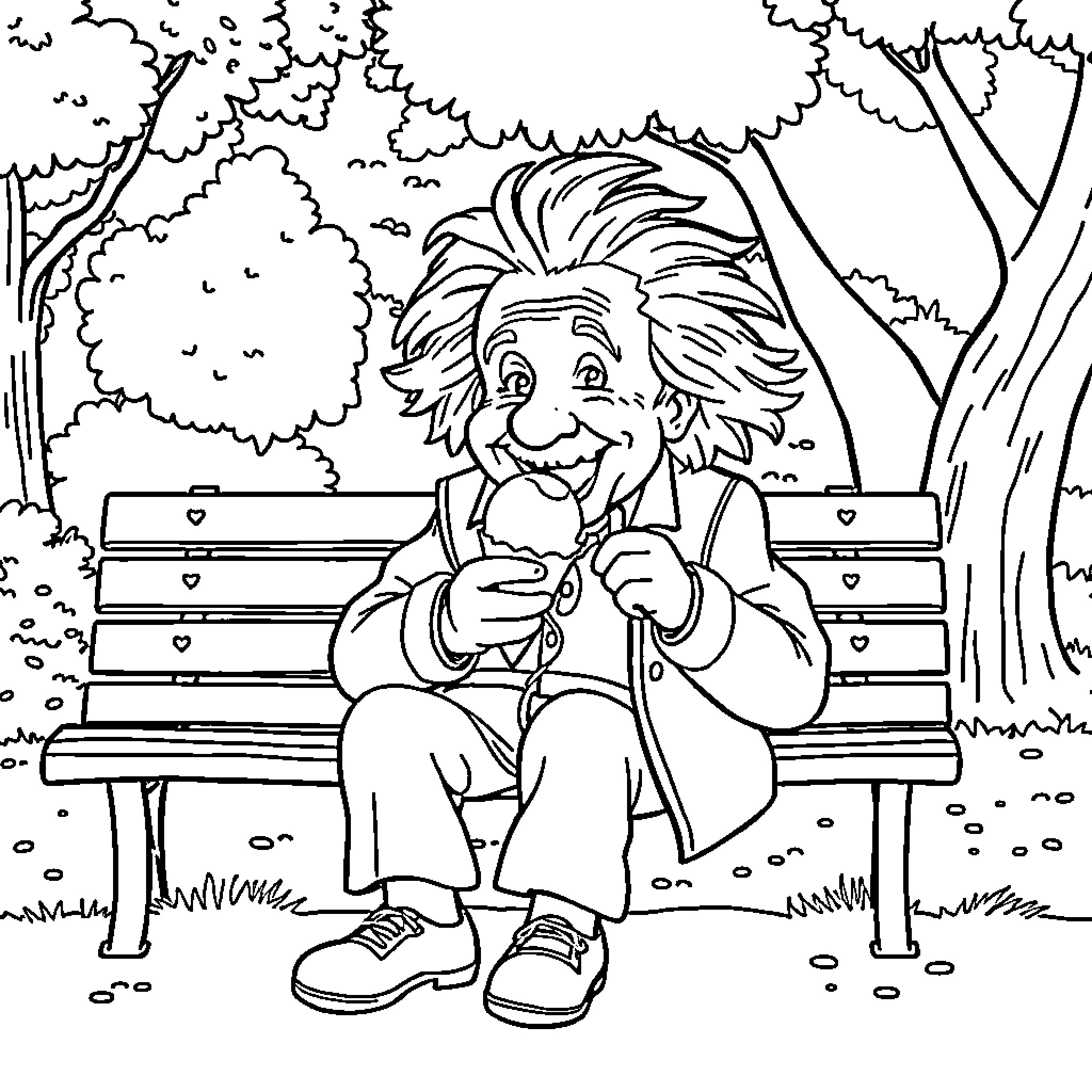Einstein daydreaming on a park bench Coloring Page (free black-and-white line drawing printable PDF for all, from beginners to advanced learners, including children, teens, adults, and seniors)