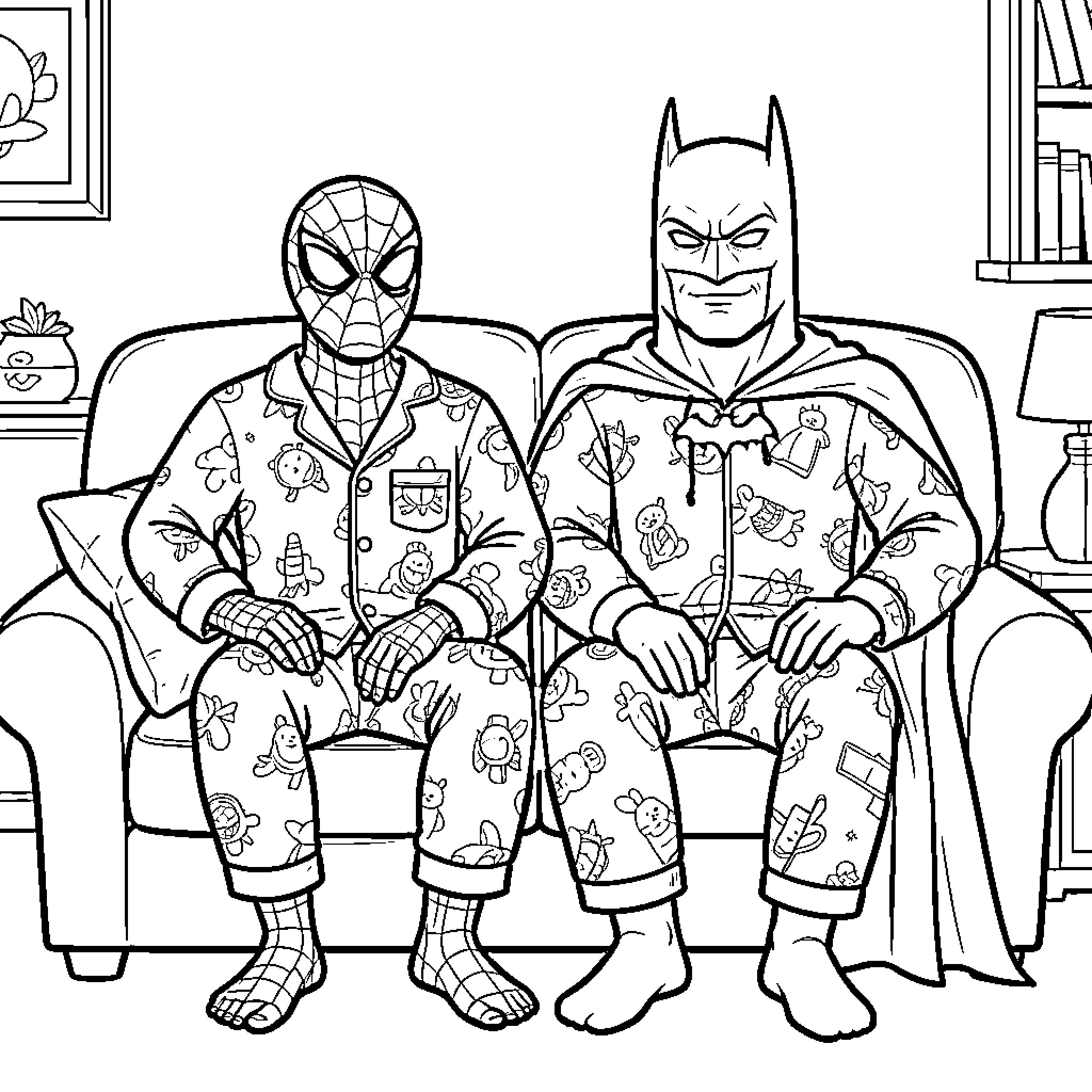 Spiderman and Batman sitting together wearing patterned pajamas Coloring Page (free black-and-white line drawing printable PDF for all, from beginners to advanced learners, including children, teens, adults, and seniors)