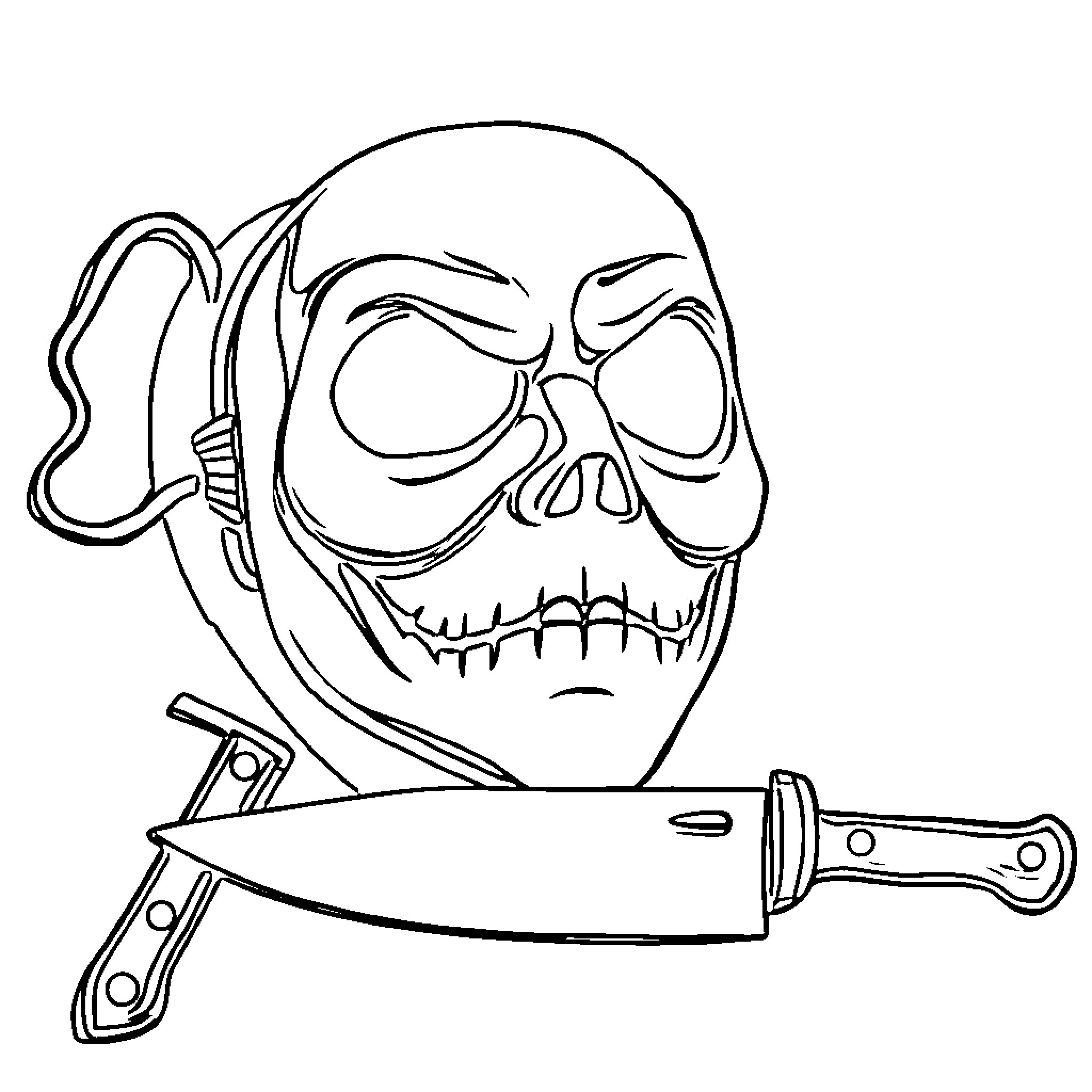 Mask of a Menacing Skull with a Knife Coloring Page (free black-and-white line drawing printable PDF for all, from beginners to advanced learners, including children, teens, adults, and seniors)