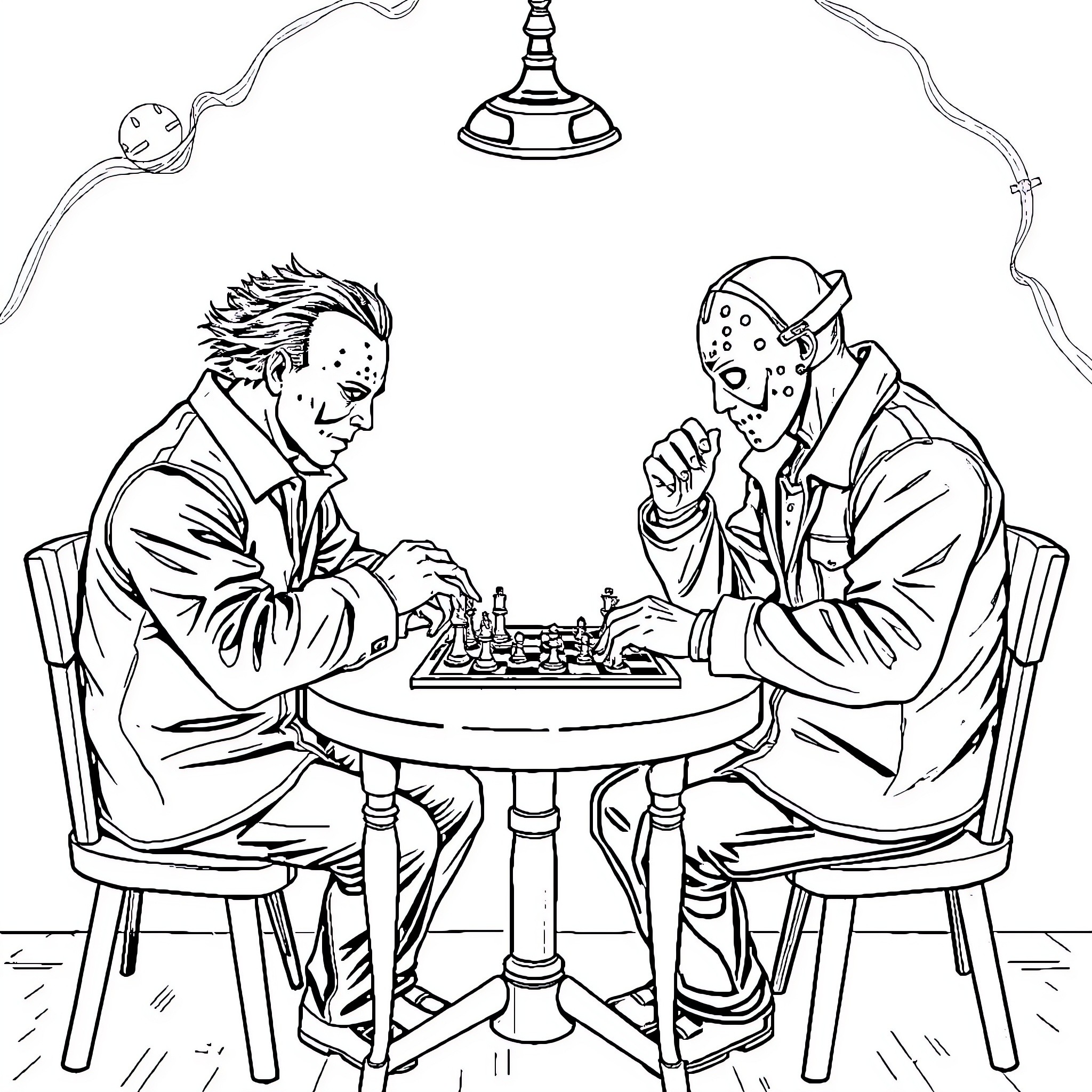 Michael Myers Playing Chess with an Intimidating Opponent Coloring Page (free black-and-white line drawing printable PDF for all, from beginners to advanced learners, including children, teens, adults, and seniors)