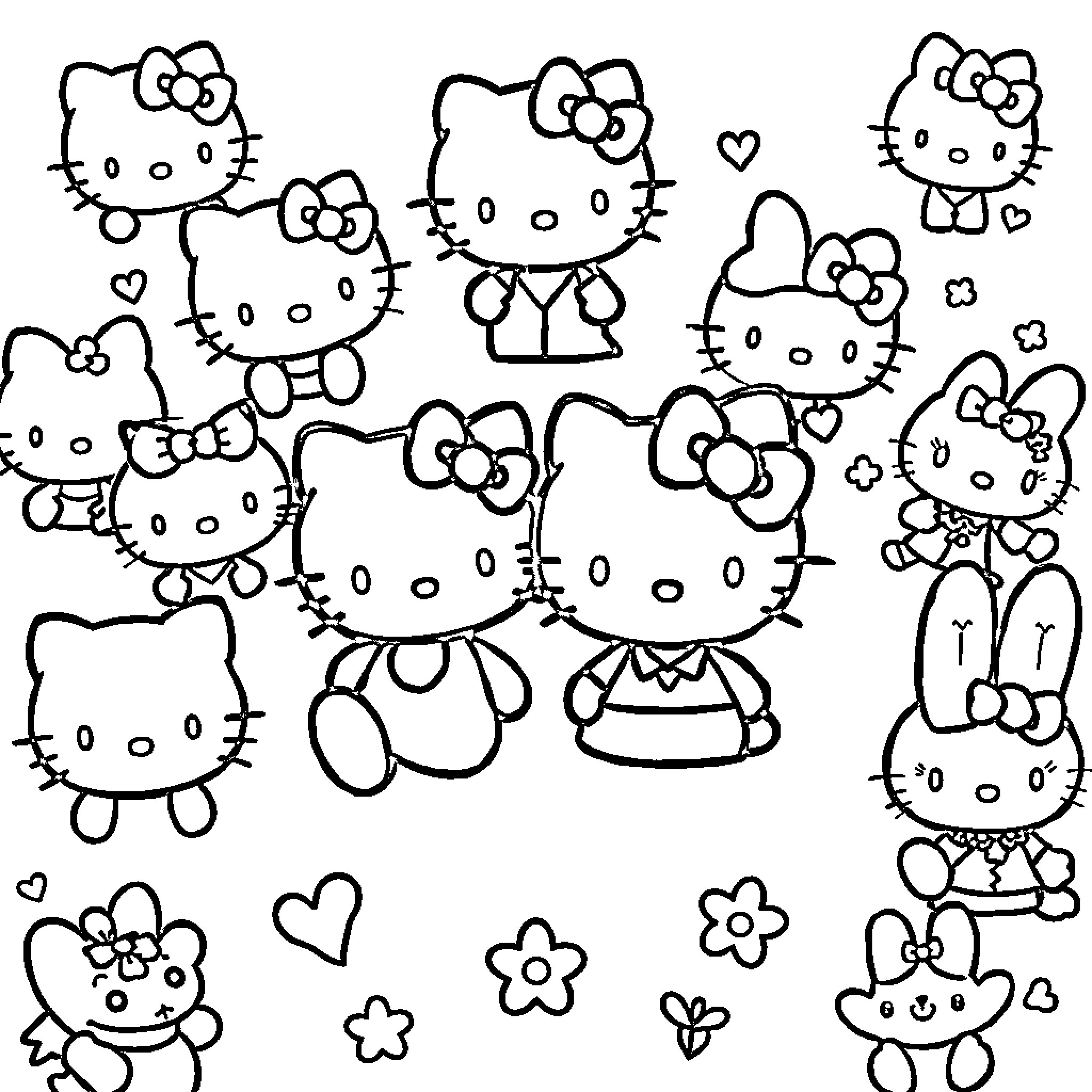 Sanrio characters in various poses and expressions Coloring Page (free black-and-white line drawing printable PDF for all, from beginners to advanced learners, including children, teens, adults, and seniors)