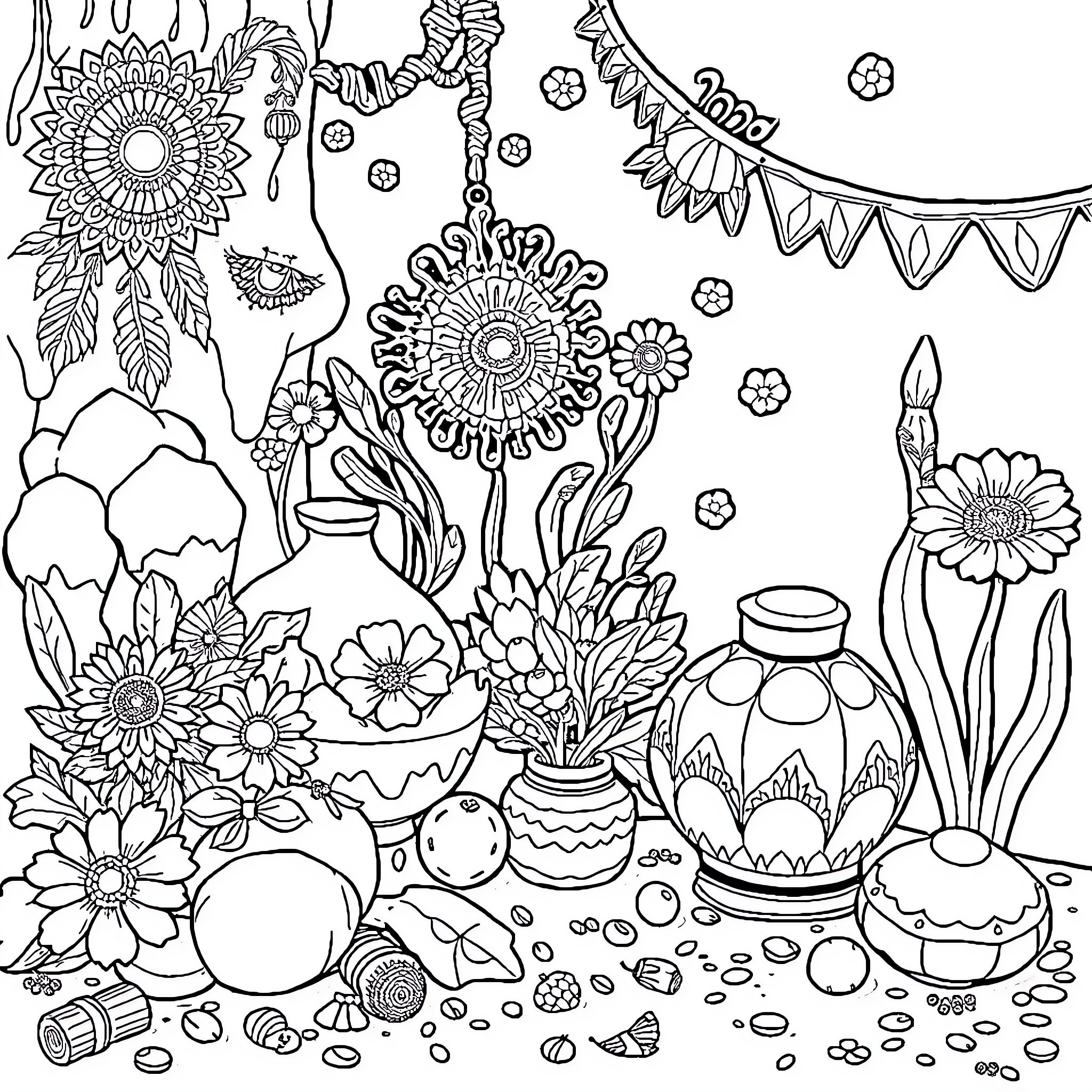 Animal floral dreamcatcher and pottery scene Coloring Page (free black-and-white line drawing printable PDF for all, from beginners to advanced learners, including children, teens, adults, and seniors)