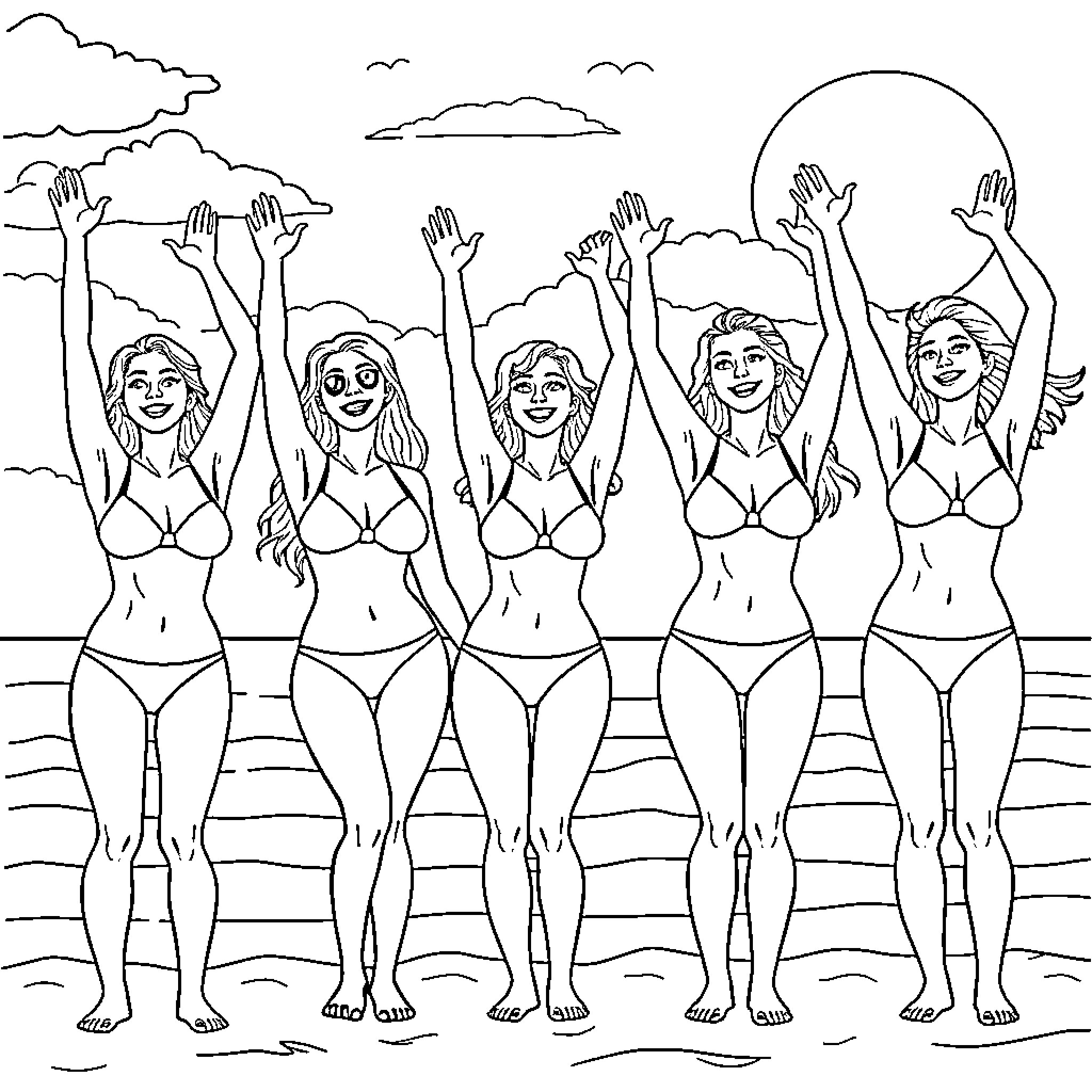 Women enjoying a sunny day at the beach Coloring Page (free black-and-white line drawing printable PDF for all, from beginners to advanced learners, including children, teens, adults, and seniors)