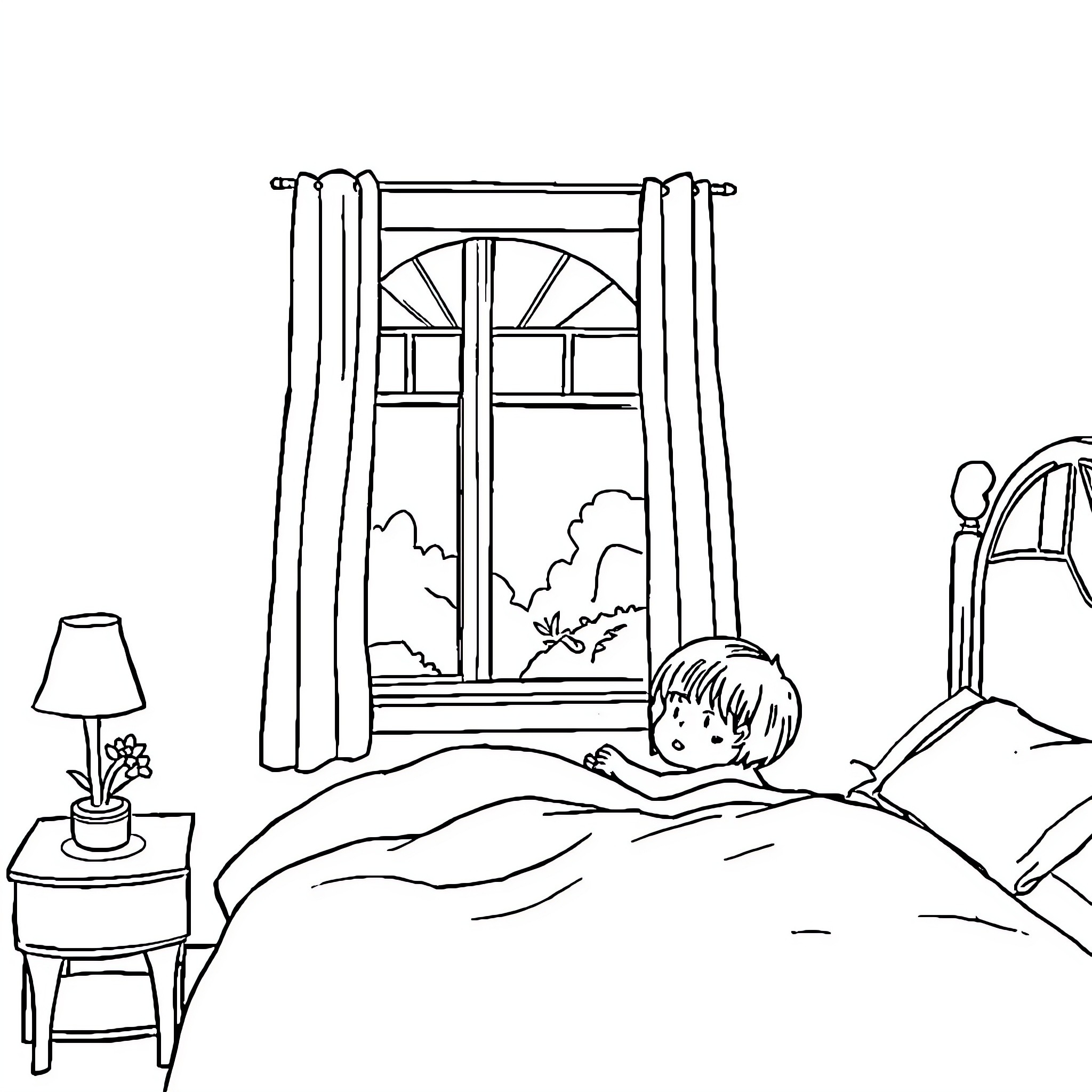 Lord relaxing peacefully in bedroom Coloring Page (free black-and-white line drawing printable PDF for all, from beginners to advanced learners, including children, teens, adults, and seniors)