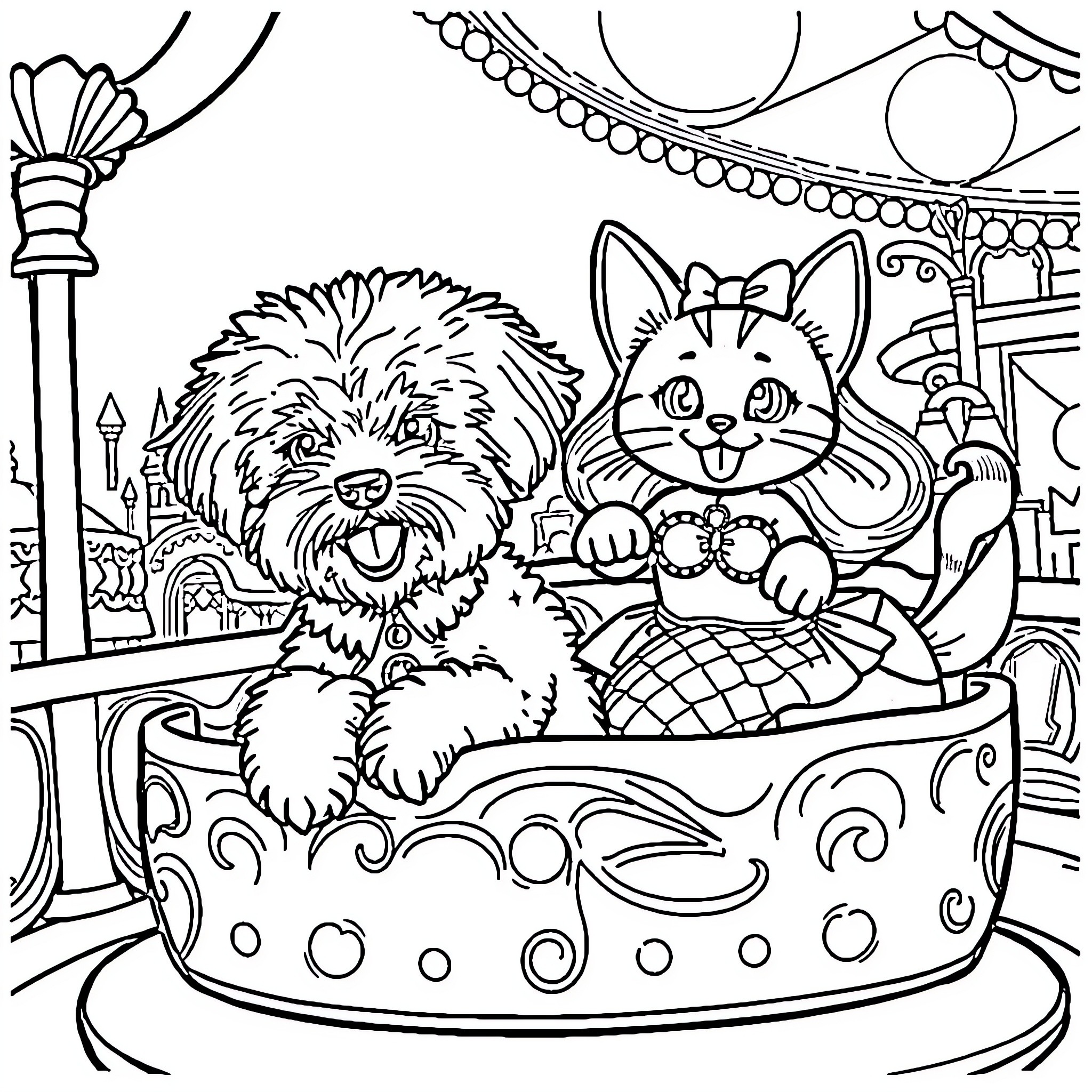 Bichon Frise enjoying amusement park rides with feline companion Coloring Page (free black-and-white line drawing printable PDF for all, from beginners to advanced learners, including children, teens, adults, and seniors)